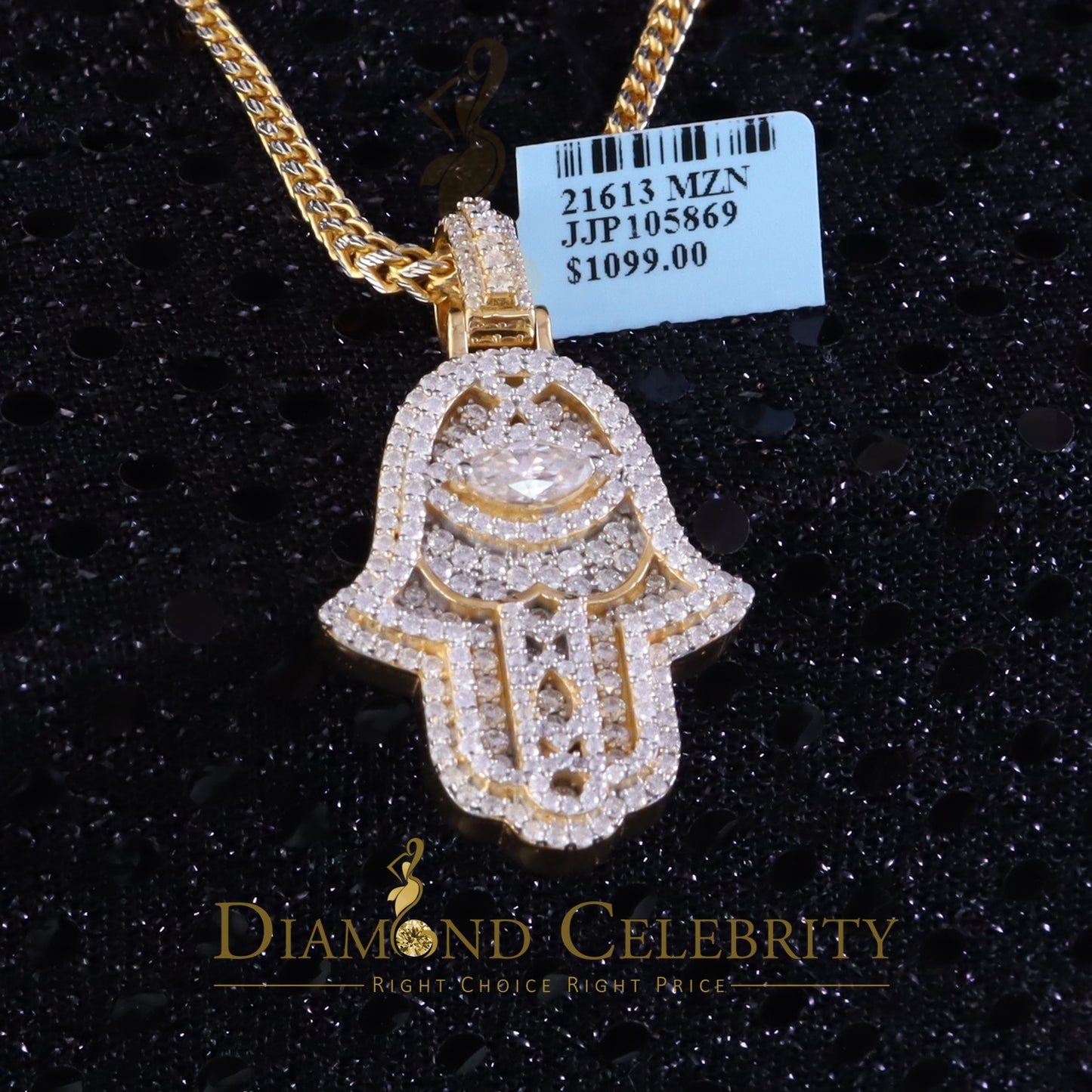 Diamondcelebritees 3.00ct Moissanite VVS D Baguette 925 Silver Yellow Hamsa Pendant For Women's