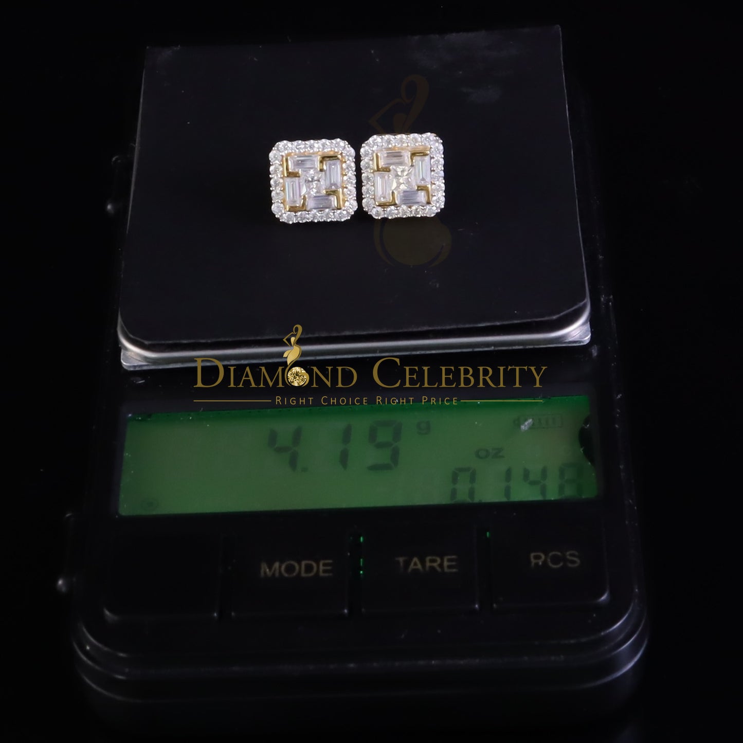 DiamondCelebritees New Men's Yellow Square Stud 925 Silver 1.66ct VVS 'D' Moissanite Womens Earring