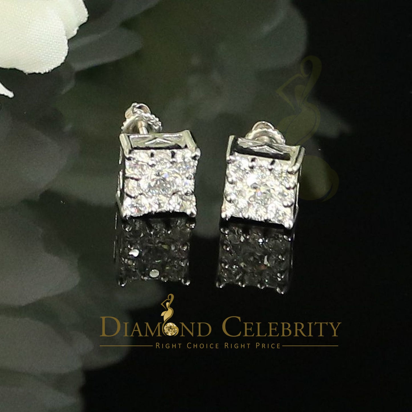 DiamondCelebritees Hip Hop 925 White Silver 1.68ct Cubic Zirconia Women's Square Stud Earrings