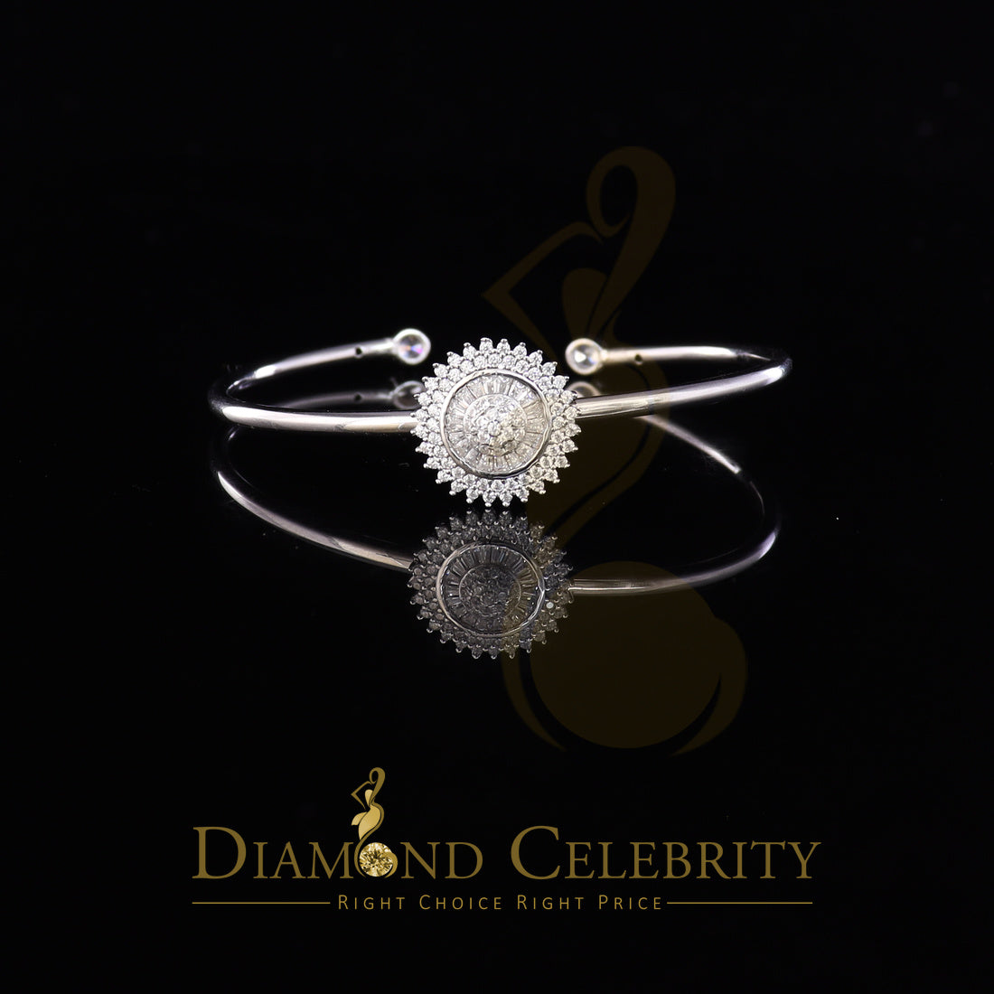 DiamondCelebritees 925 Silver Sun Rays Style White Bangle Cubic Zirconia Adjustable Size 2.5''