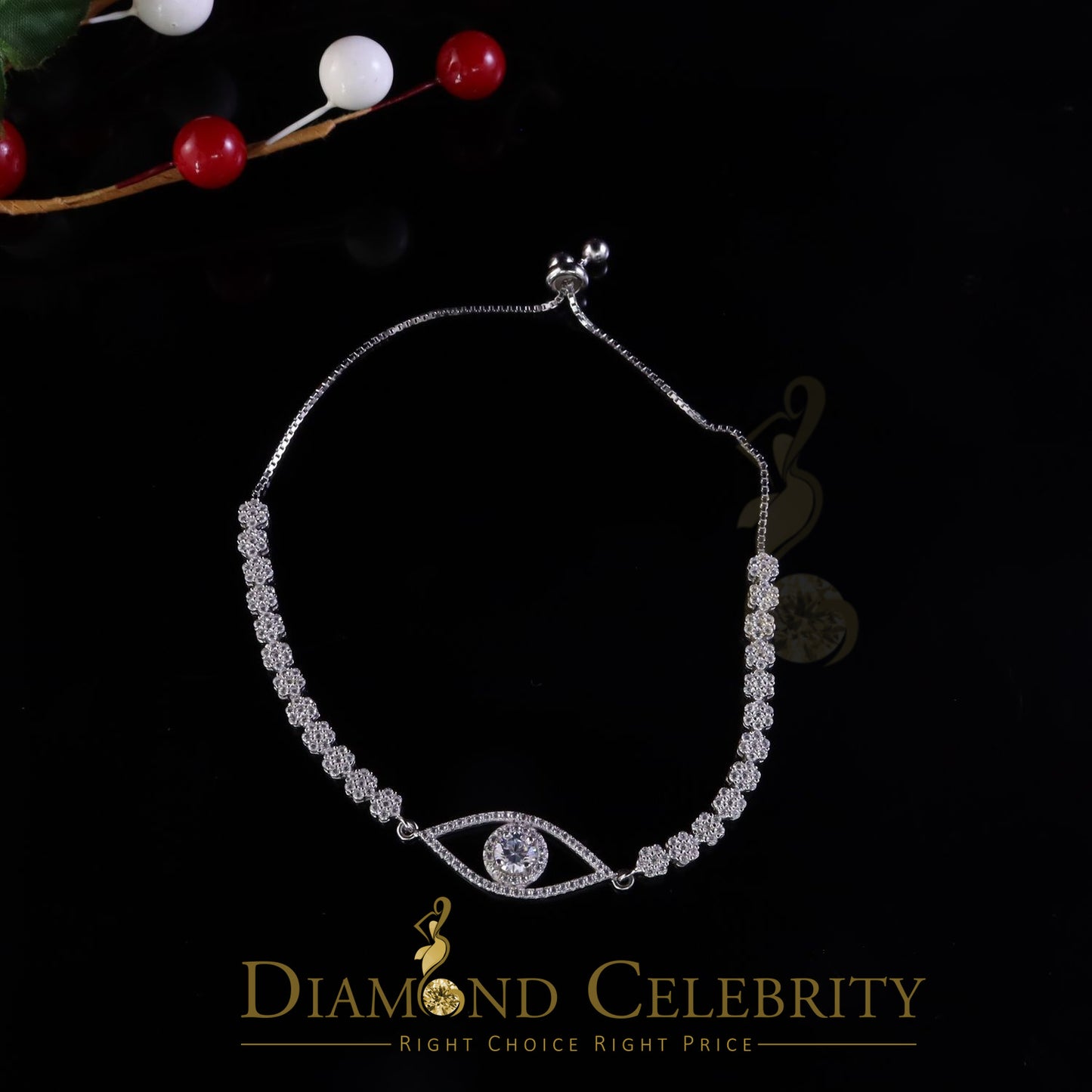 Diamondcelebritees White 925 Silver Eye Shape Bracelet Cubic Zirconia Adjustable Size 7 Inches