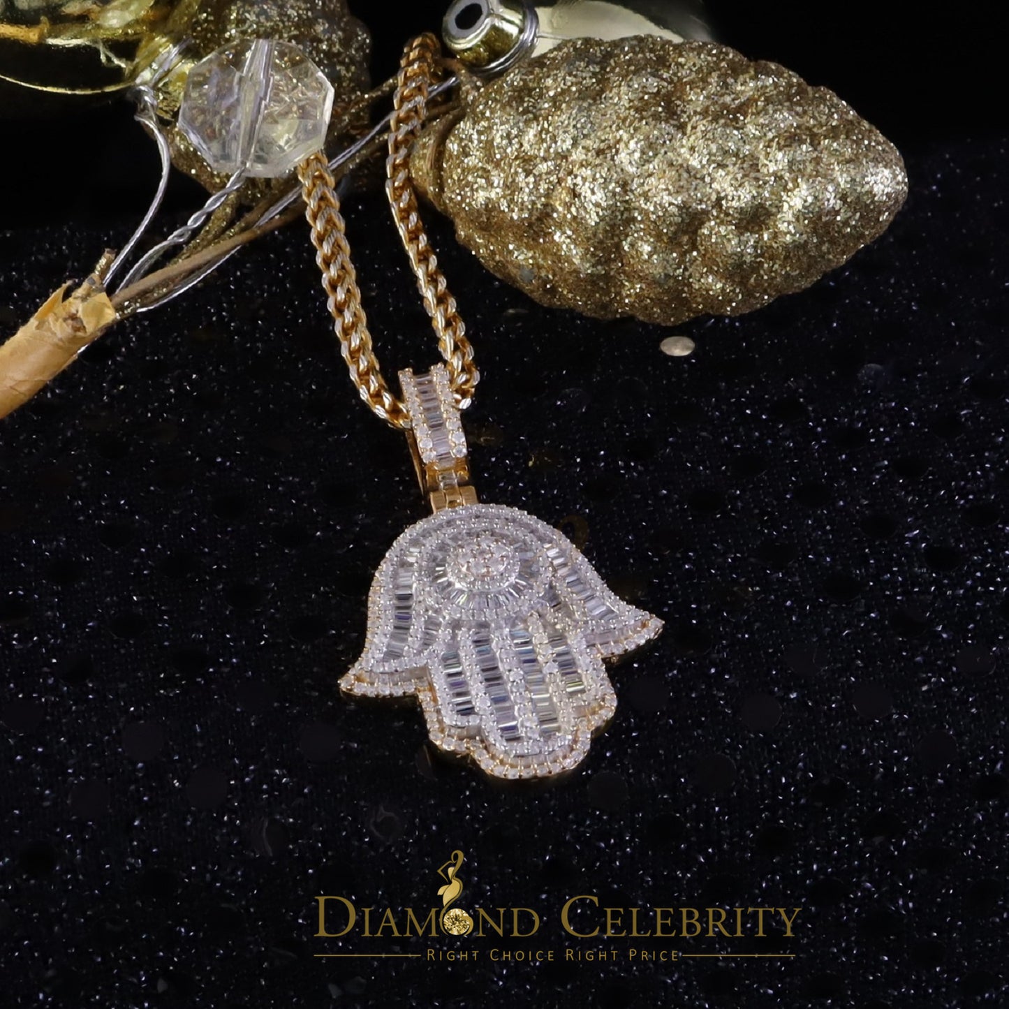Diamondcelebritees 4.00ct VVS D Hamsa Baguette Silver Moissanite Yellow Pendant For Mens/Womens