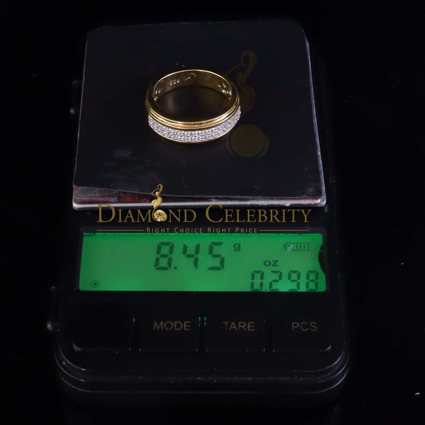 DiamondCelebritees Men's 1.25ct Cubic Zirconia Yellow Silver Round Adjustable Ring From SZ 9 to 11