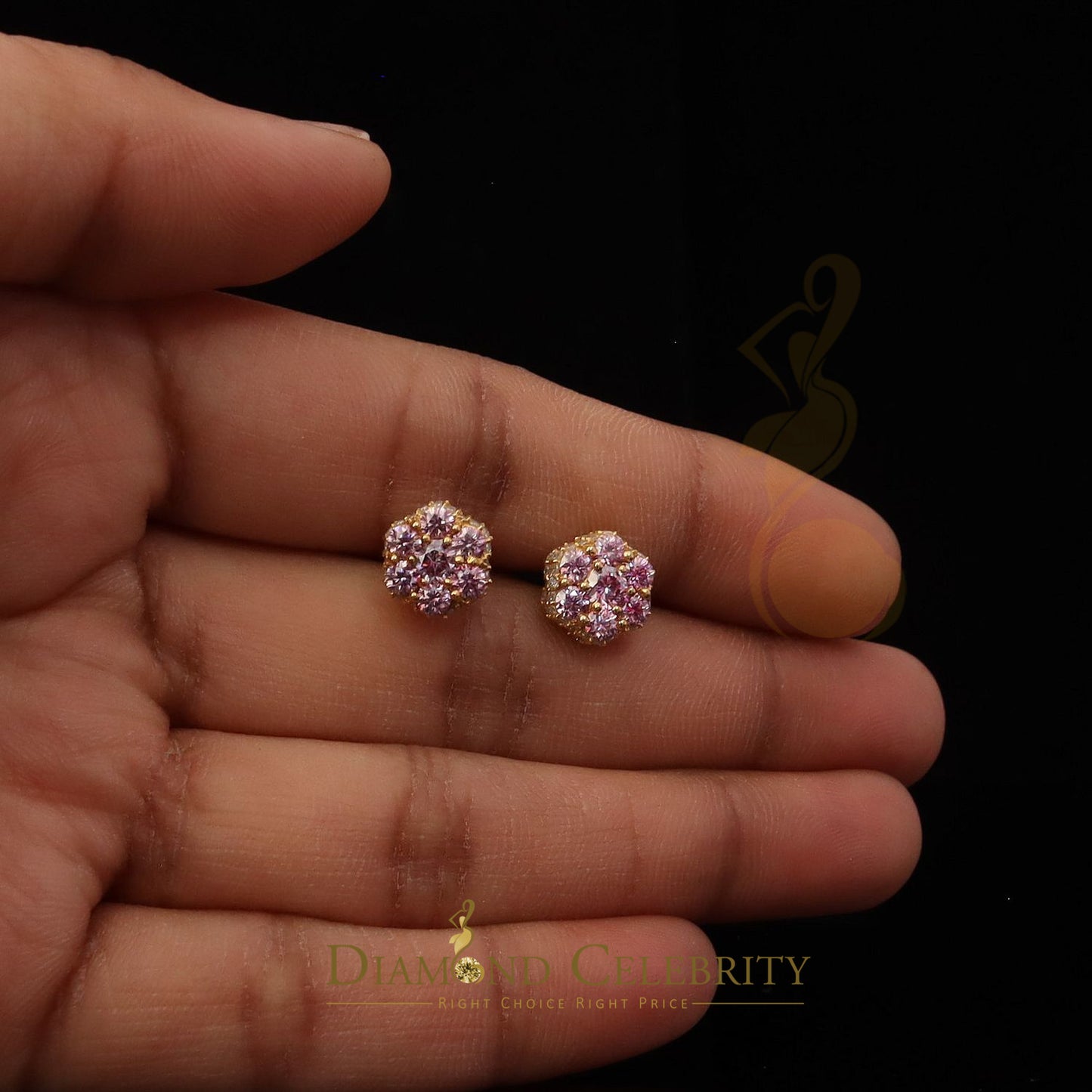 DiamondCelebritees 2.00 CT VVS D Pink Moissanite Women's 925 Yellow Silver 3D Floral Stud Earrings