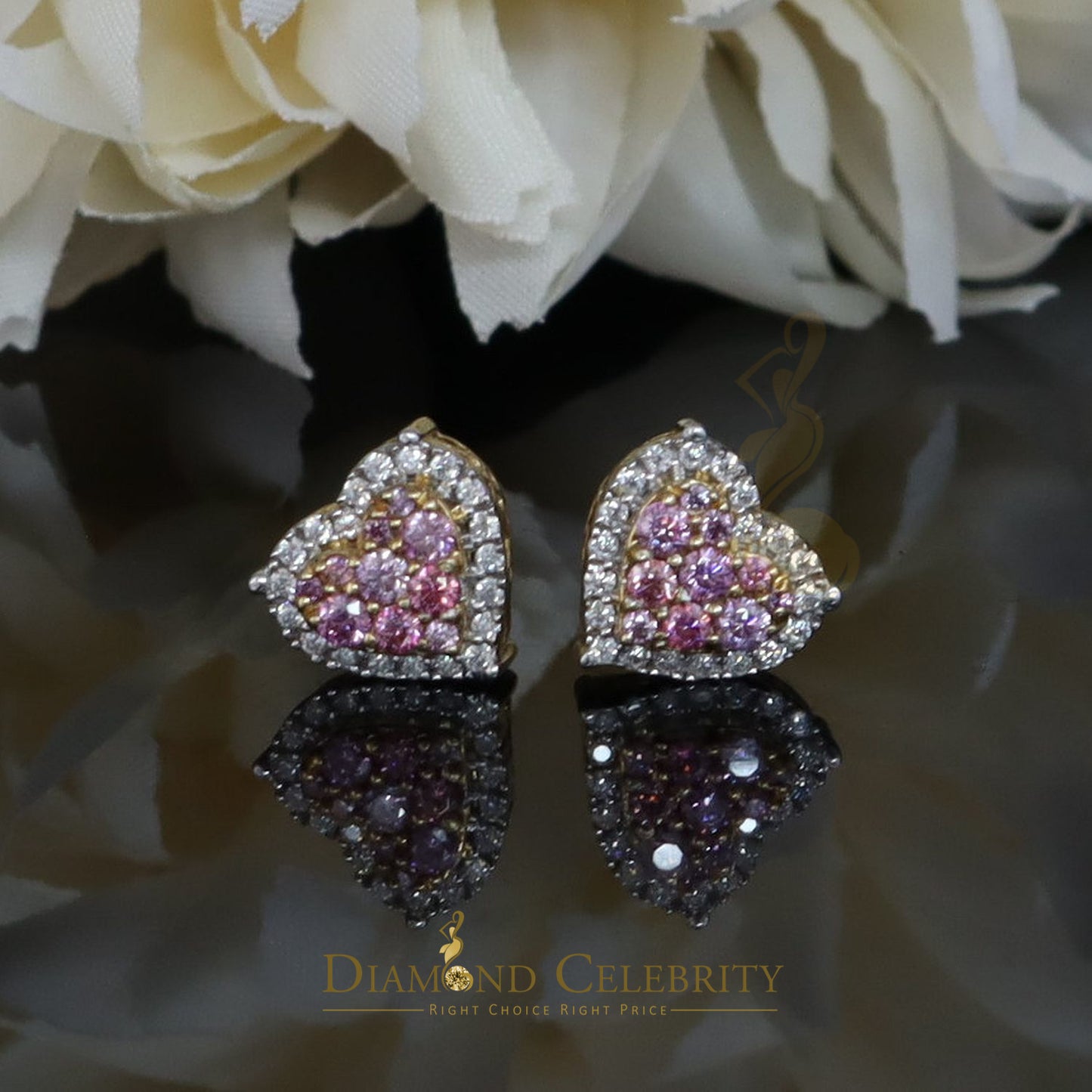 DiamondCelebritees Men's/Women's 925 Silver Yellow 1.00ct VVS 'D' Pink Moissanite 3D Heart Earrings