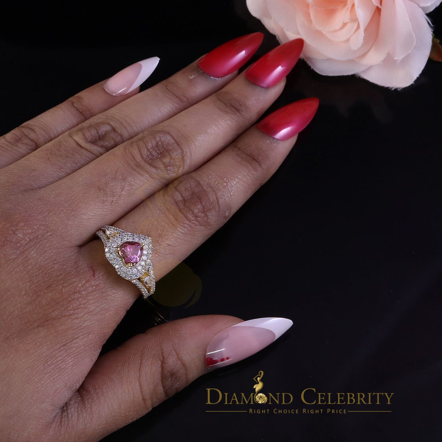 DiamondCelebritees 1.50CT Women's 925 Silver Yellow VVS D Pink & White Moissanite Heart Ring SZ 7