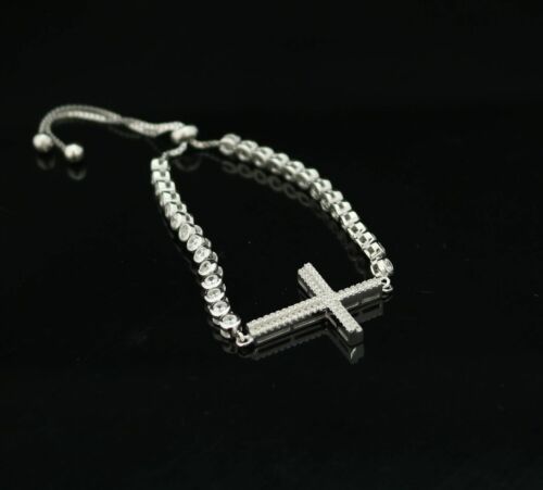 Diamondcelebritees White Sterling Silver Cross Shape Bracelet Cubic Zirconia Adjustable Size