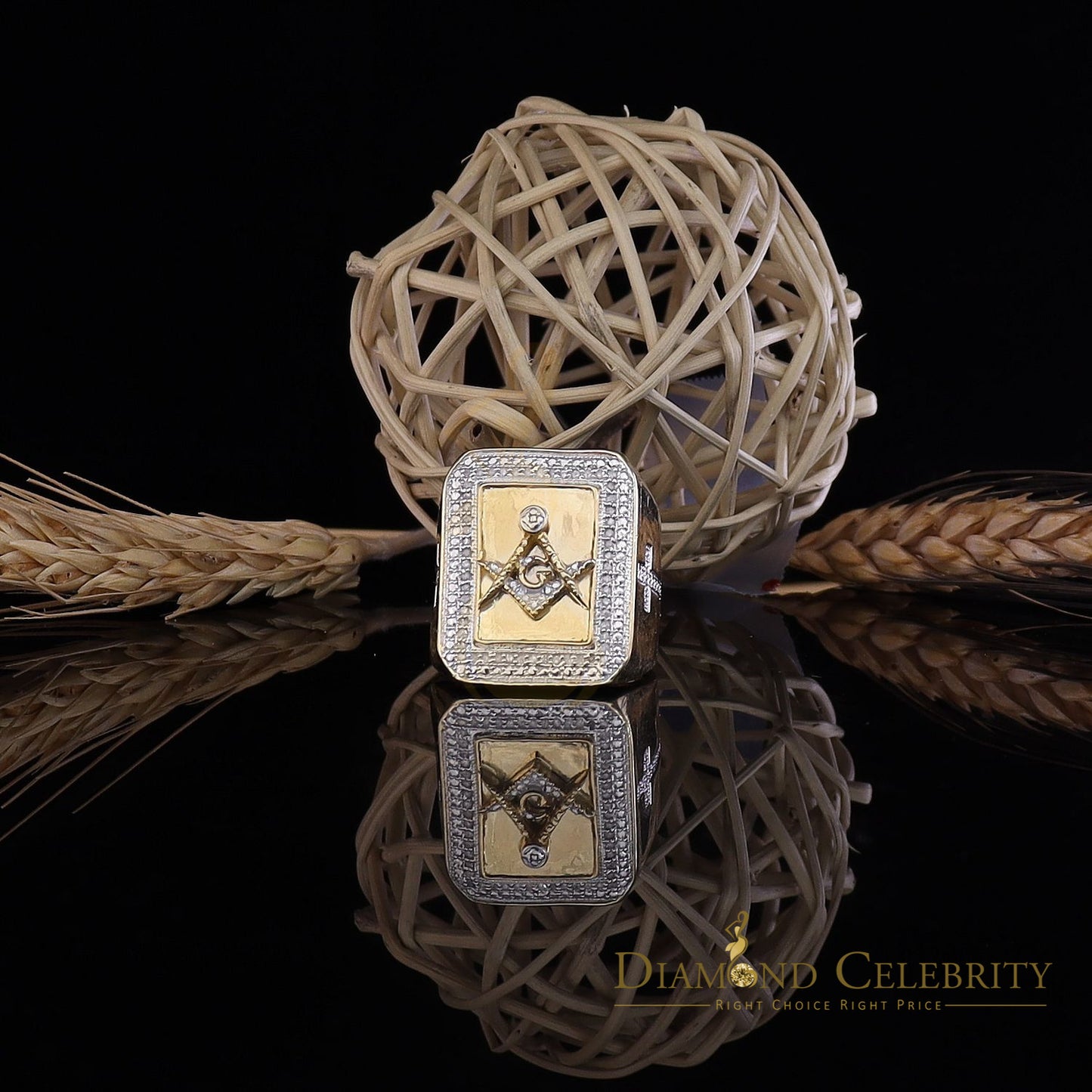 Real 0.20CT Diamond Masonic 925 Yellow Sterling Silver Mens Engagement Ring SZ10