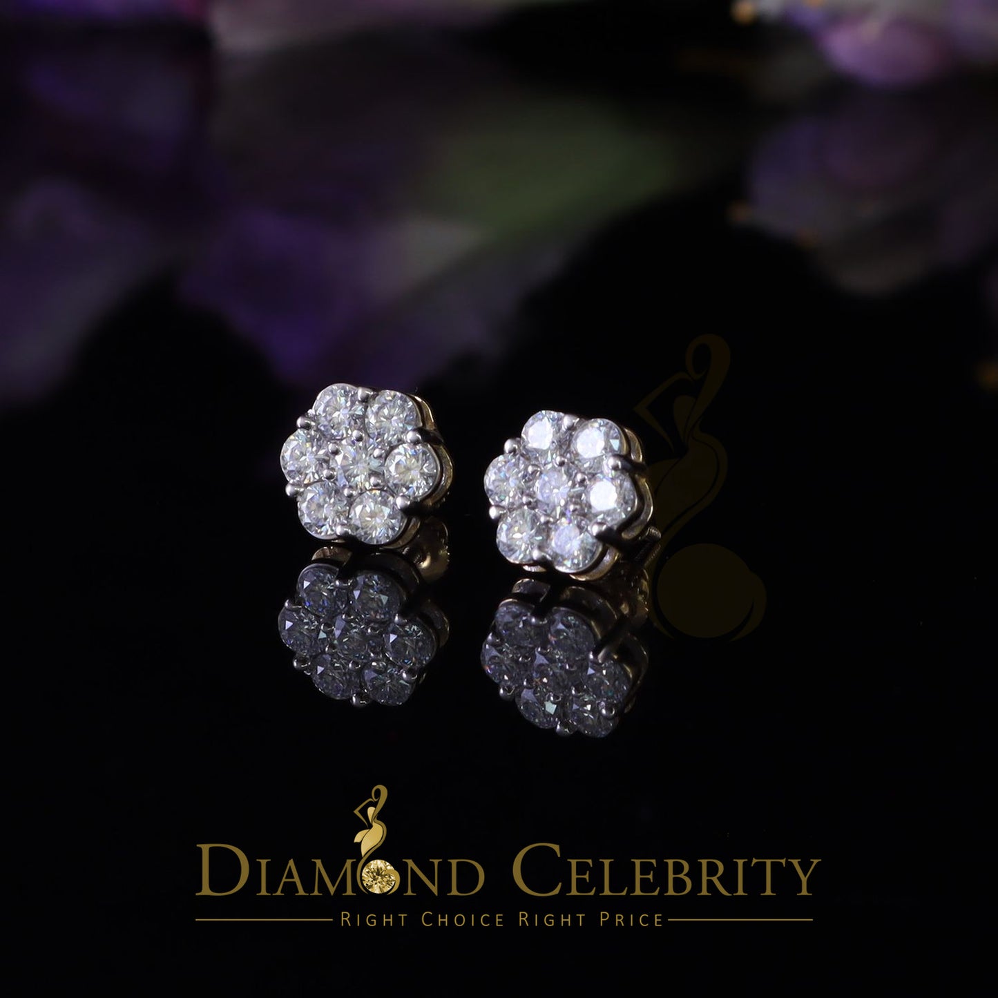DiamondCelebritees Real Moissanite VVS 'D' Color 2.0ct 10k Real Yellow Gold Stud FLORAL Earrings