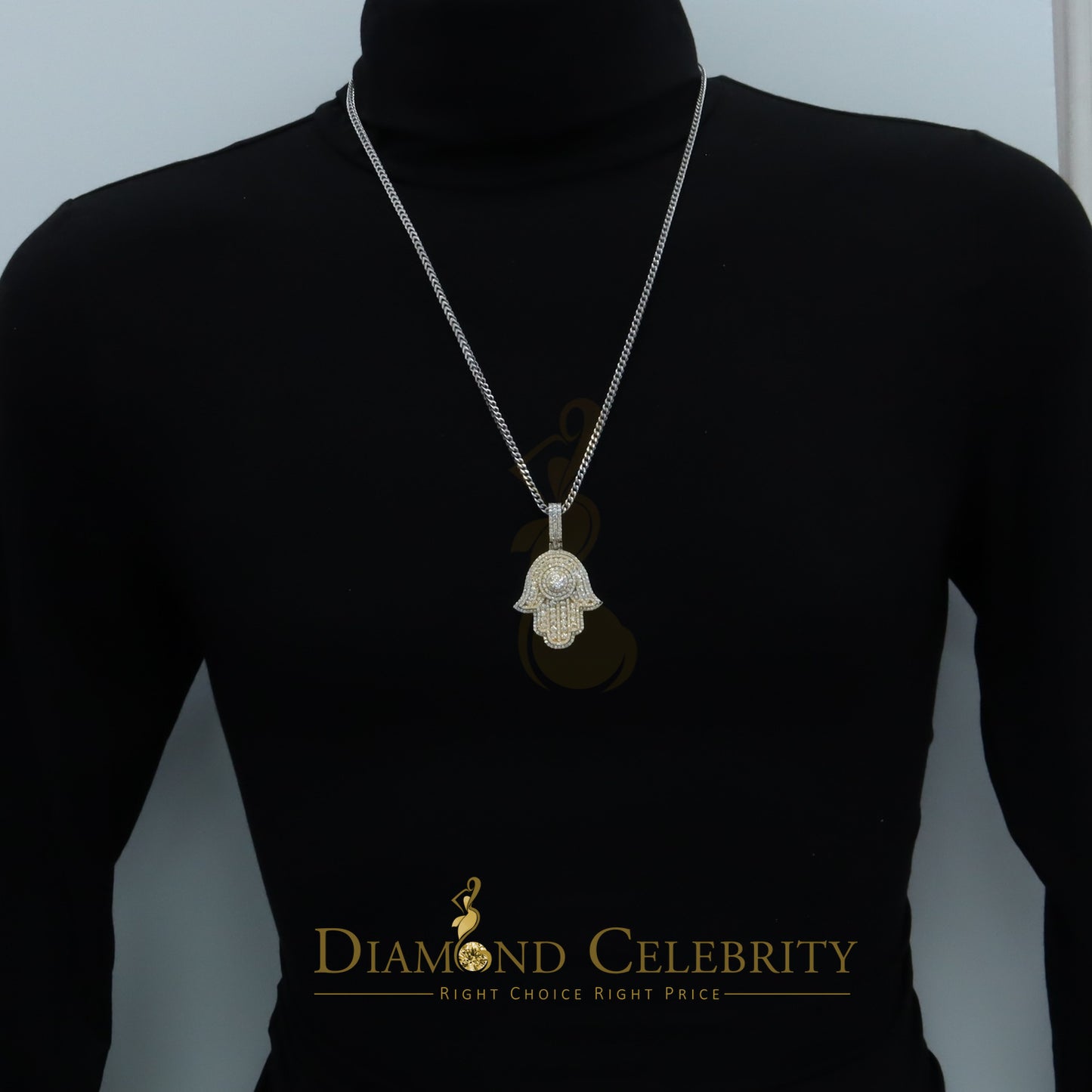 Diamondcelebritees Big 5CT VVS D Moissanite White 2.5 Inch Silver Charm Hamsa Pendant for Men/Women