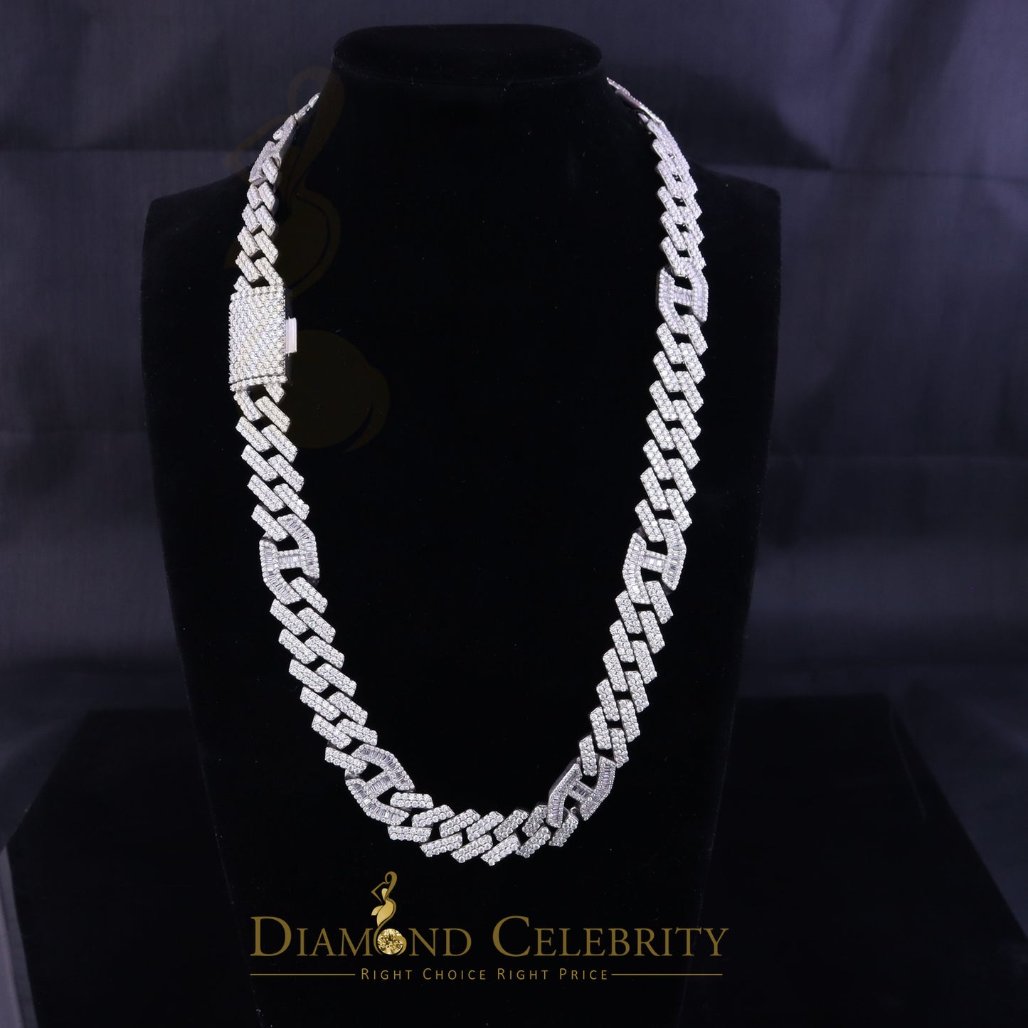 DiamondCelebritees 925 Silver 35ct Moissanite White Men's Cuban Necklace SZ 20inch & 14mm Width