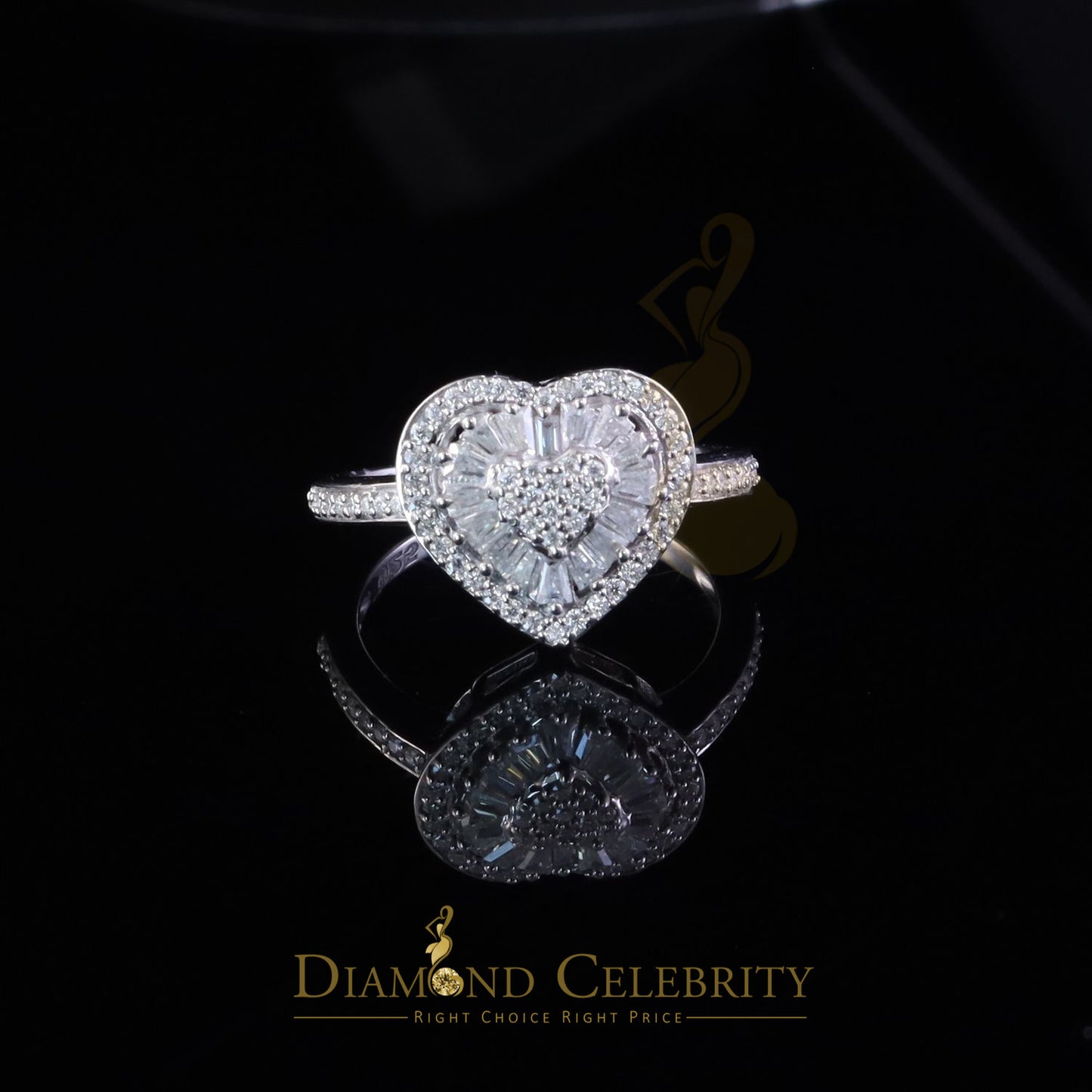 DiamondCelebritees Womens Heart 925 White Silver 1.00ct VVS 'D' Baguette Moissanite Ring Size 7