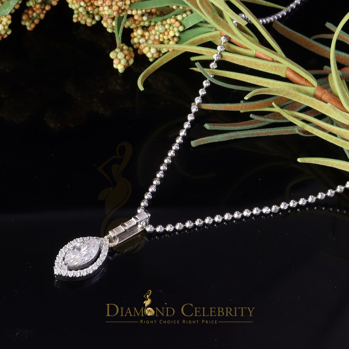 Diamondcelebritees White 925 Silver 1.25 ct VVS D Clr MQ Shape Moissanite Pendant for Women