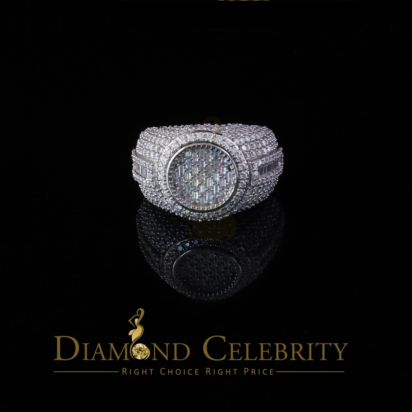 DiamondCelebritees White Sterling 925 Silver 5.50ct Buguette VVS D Moissanite Round Mens Ring SZ 10