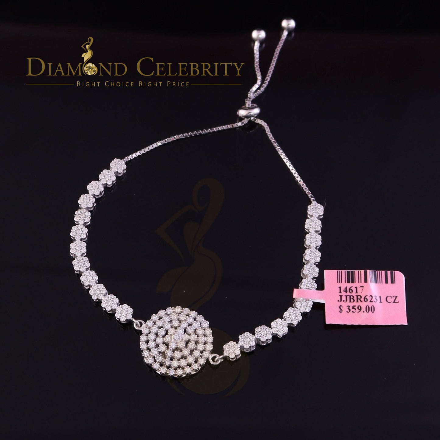 Diamondcelebritees White Sterling Silver Flower Shape Bracelet Cubic Zirconia Adjustable SZ 7 Inch