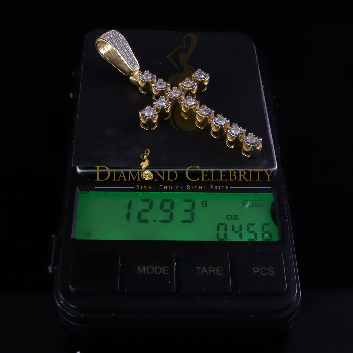 DiamondCelebritees 925 Sterling Silver Real Diamond 0.40CT Cross Crystal Yellow Necklace Pendant