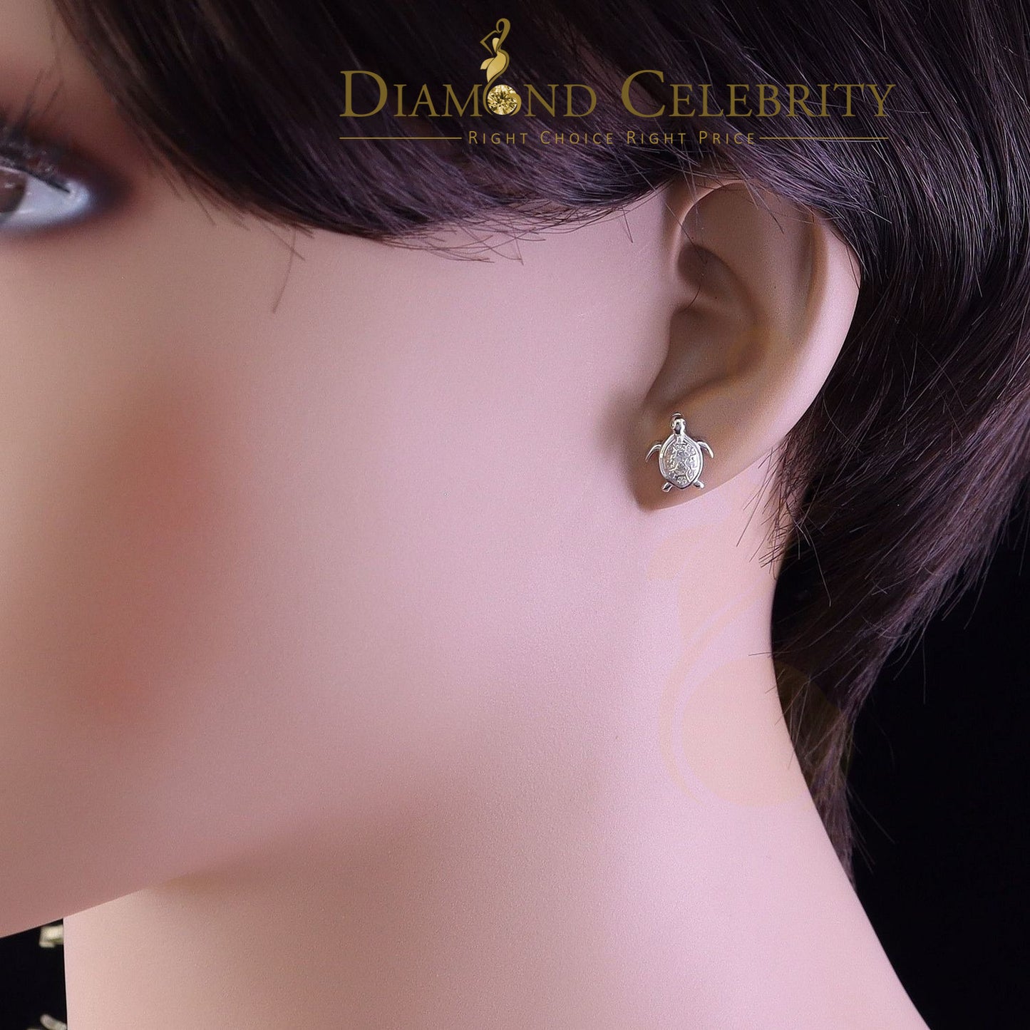 DiamondCelebritees 925 Sterling White Silver 0.10ct Diamond Turtle Earrings For Women's & Men's