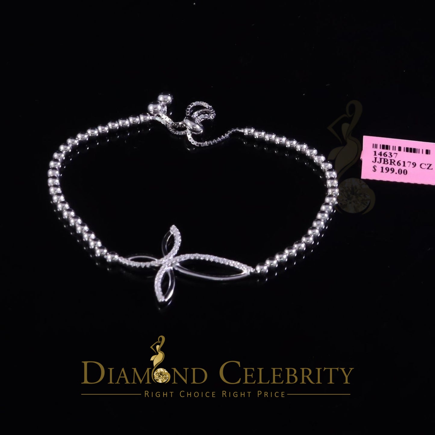 Diamondcelebritees Adjustable Cross Pearl Style Chain White Sterlng Silver Cubic Zirconia Bracelete