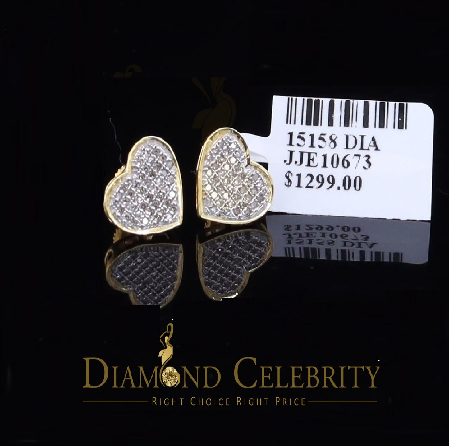 DiamondCelebriteesReal 10K Yellow Gold Heart Round Stud 8.58mm Earrings with Real 0.25CT Diamonds
