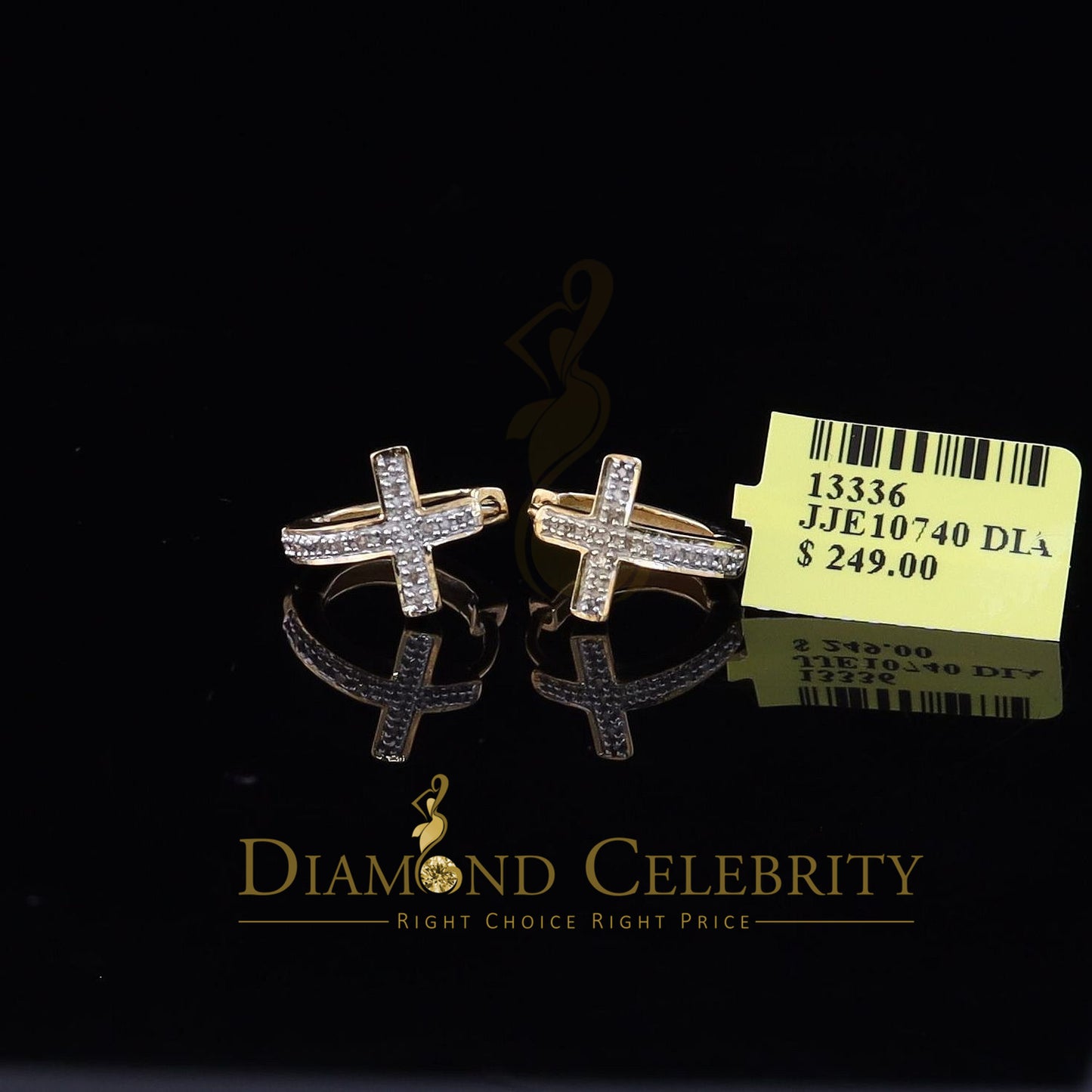 DiamondCelebritees 0.15ct Diamond 925 Sterling Silver Yellow Hoop Stud cross Earring For Men /Women