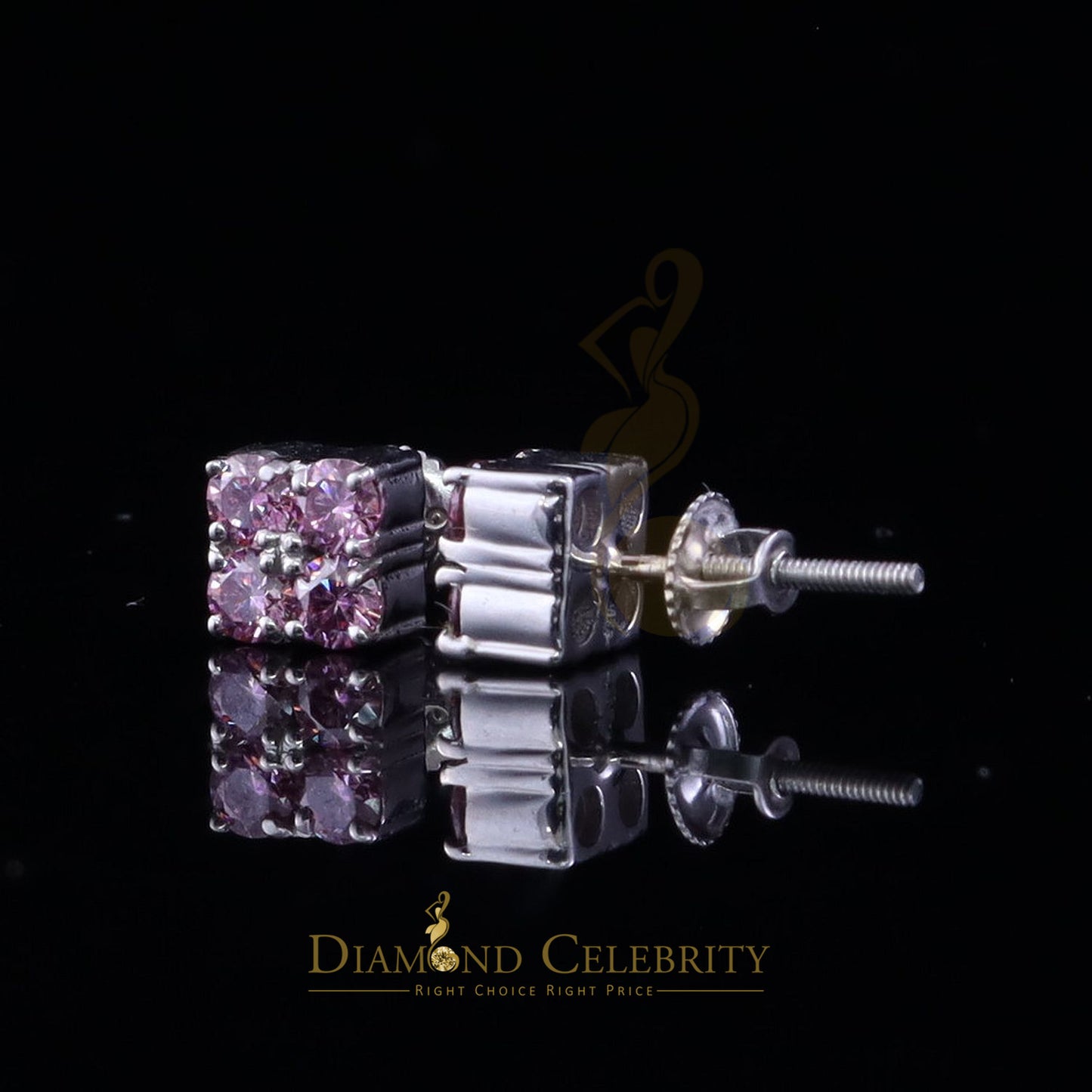 Diamondcelebritees 925 Silver White 1.00ct VVS D Pink Moissanite Square Men's/Women's Stud Earrings