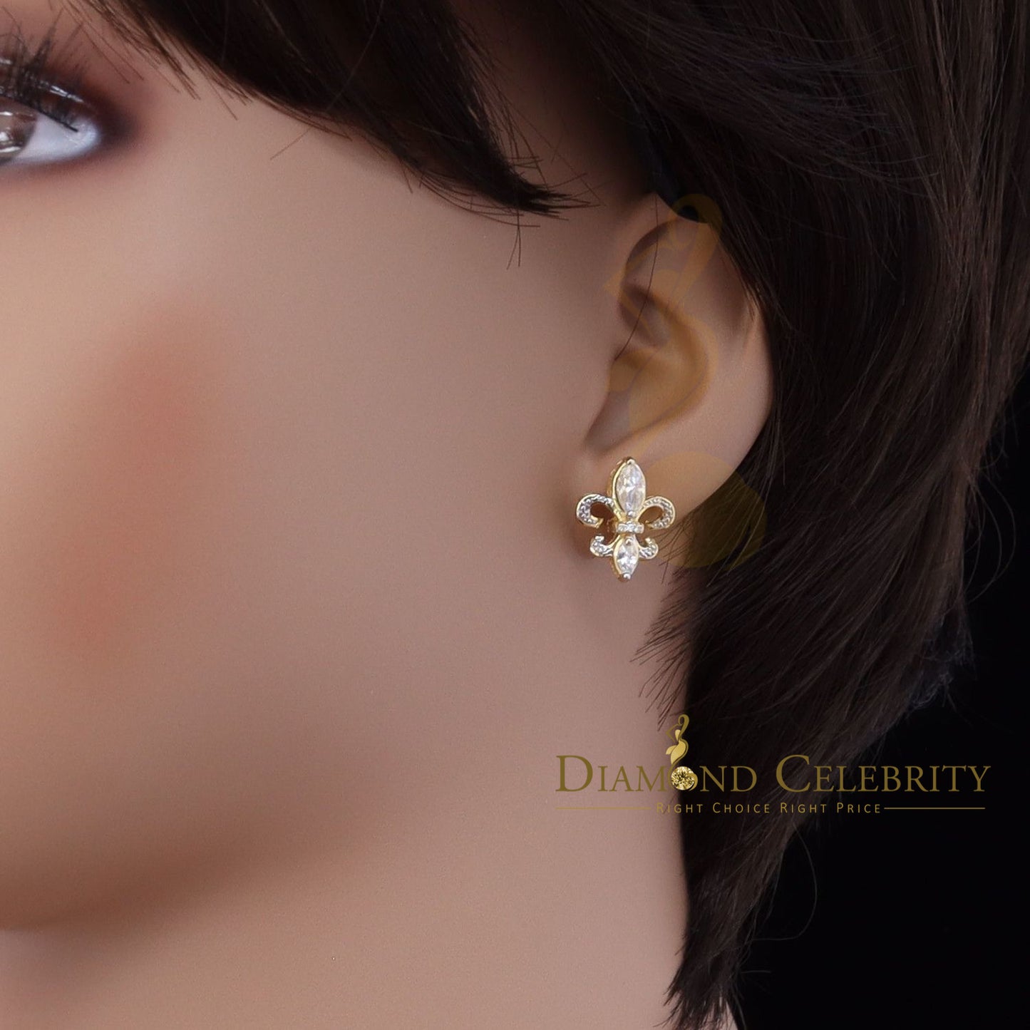DiamondCelebritees 925 Yellow Silver Ladies Fleur de Lis Screw Back 2.43ct Cubic Zirconia Earrings
