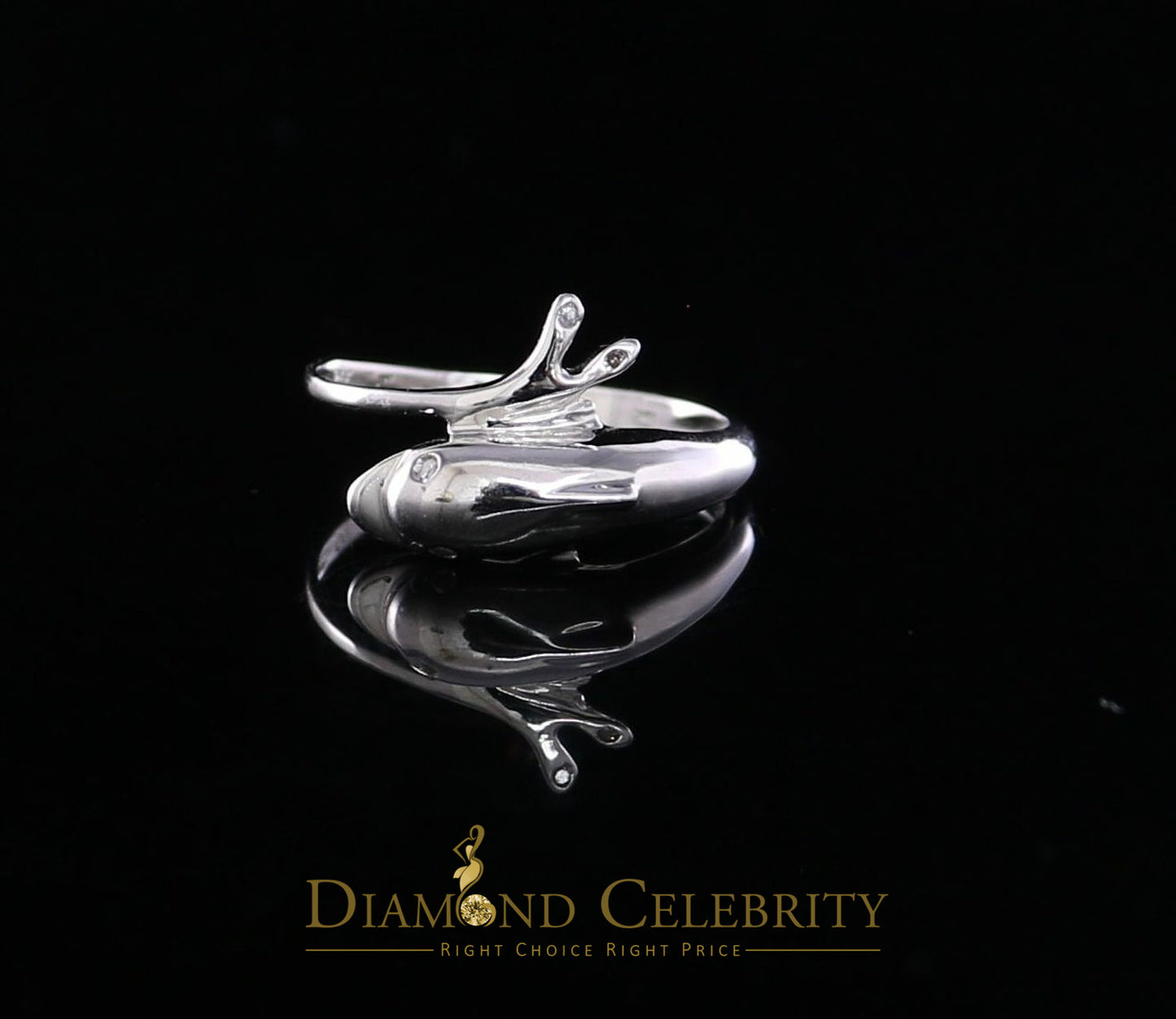DiamondCelebritees Real 10 kt White Gold with 0.02 CT Genuine Diamond Cute Dolphin Ring Size 6.5
