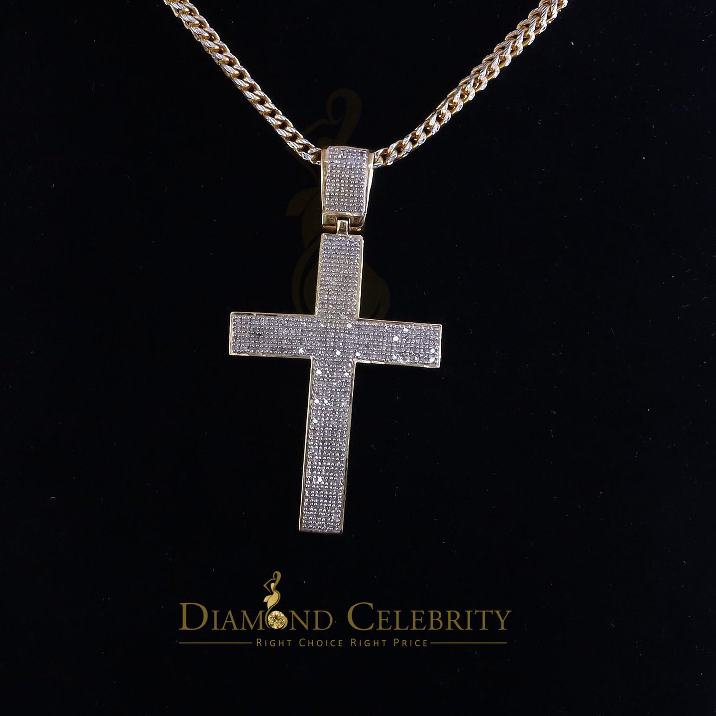 DiamondCelebritees Real 0.85ct Diamond 925 Sterling Silver CROSS Charm Necklace Pendant in Yellow