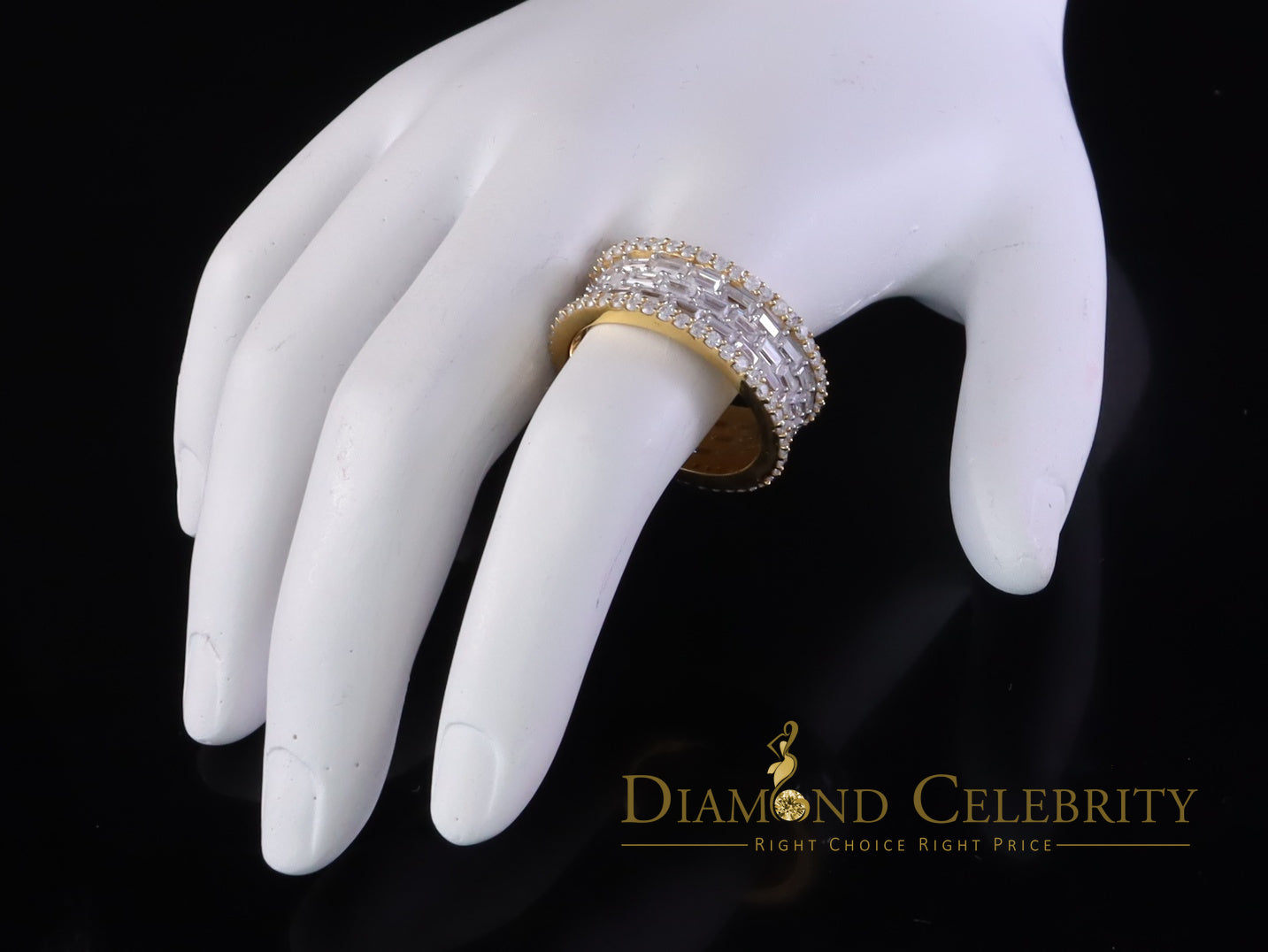 DiamondCelebritees Round Band Rings SZ 8 Baguette Silver 3.50ct VVS 'D' Moissanite Yellow for Women