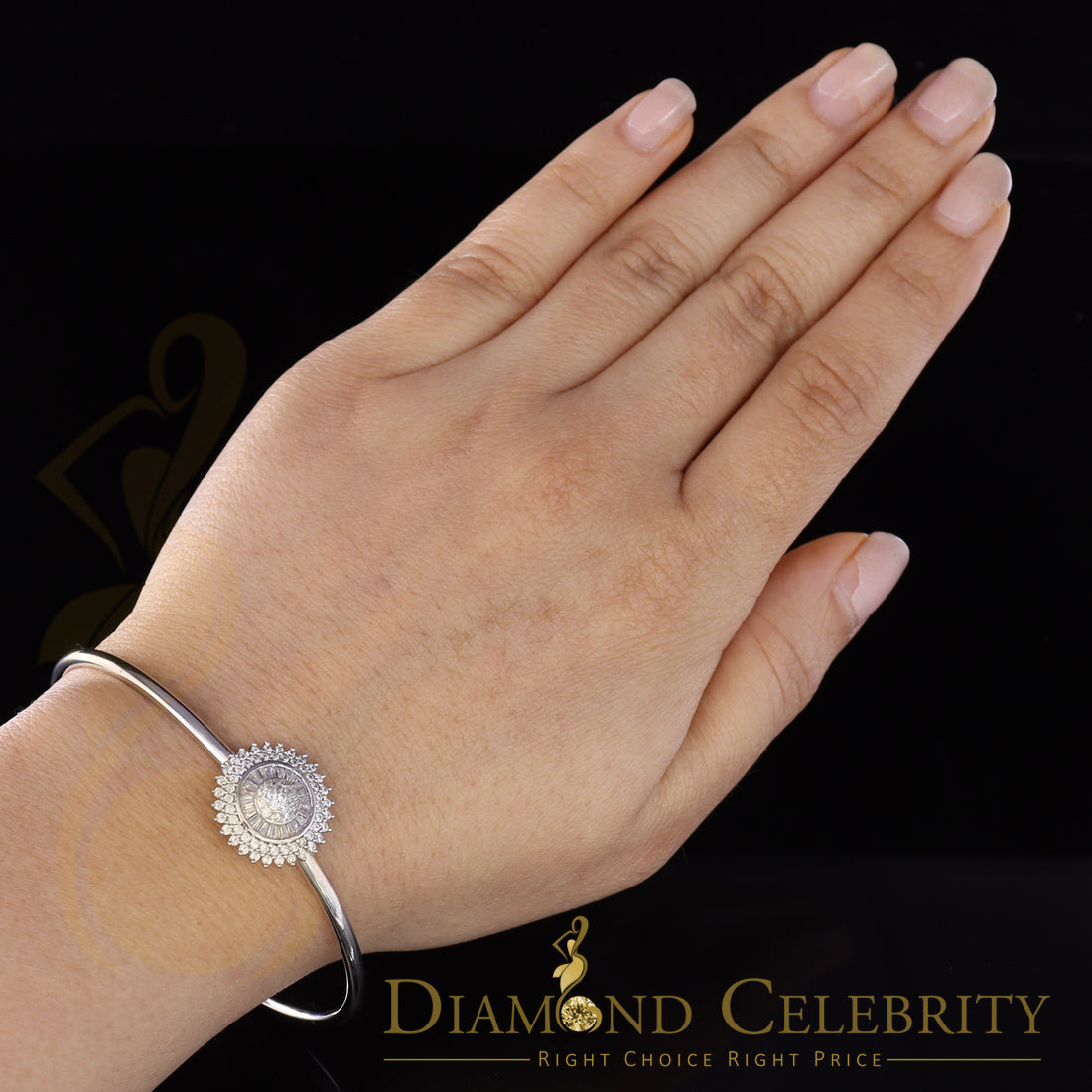 DiamondCelebritees 925 Silver Sun Rays Style White Bangle Cubic Zirconia Adjustable Size 2.5''