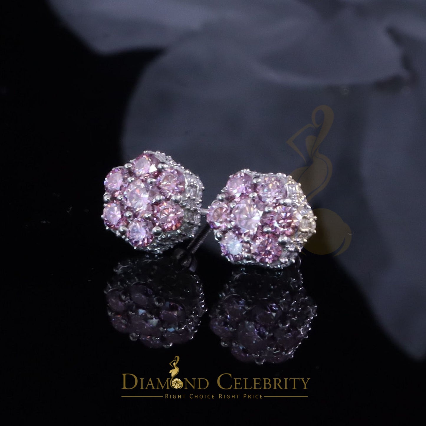 Diamondcelebritees Women's 925 Silver White 2.50ct VVS 'D' Pink Moissanite Floral Stud Earrings
