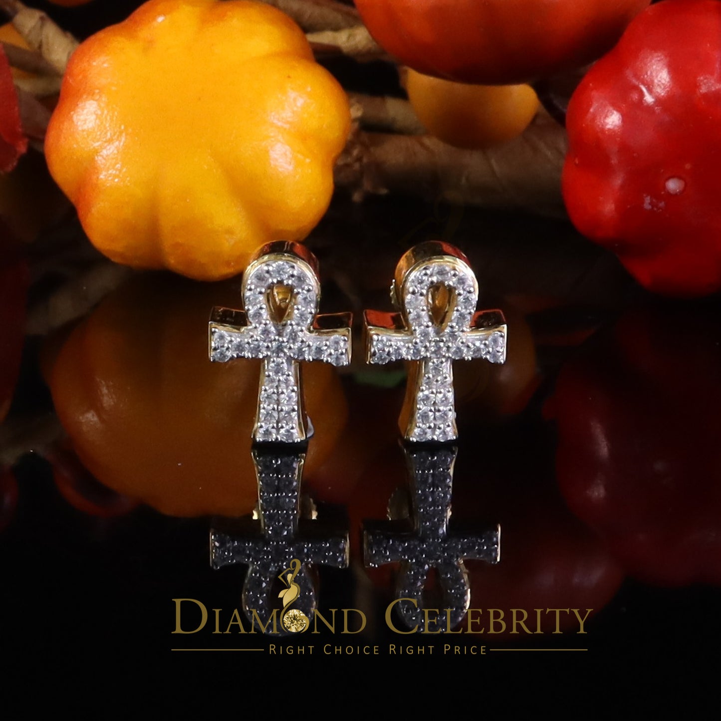 DiamondCelebritees Small Men's/Womens 0.50ct VVS 'D' Moissanite 925 Silver Yellow Ankh Stud Earring