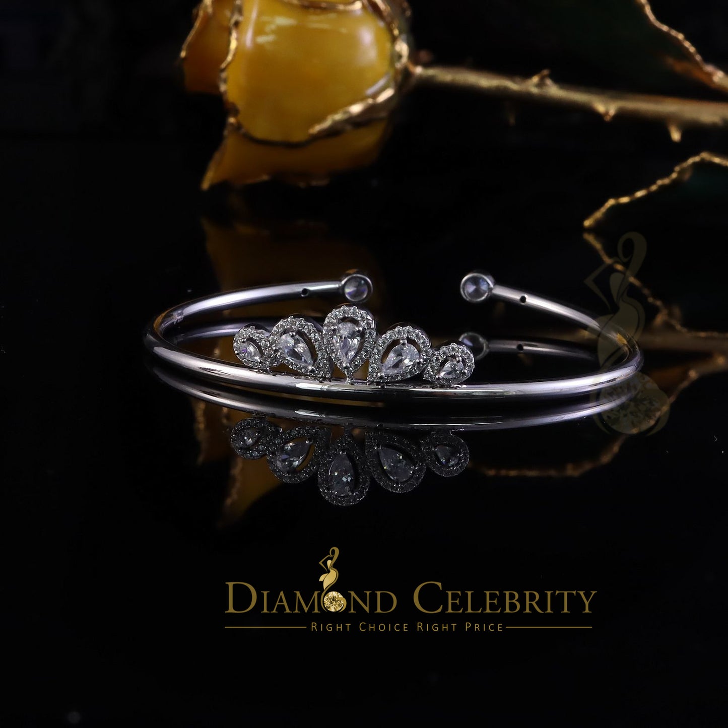 DiamondCelebritees 925 Sterling Silver Cubic Zirconia Stone Adjustable Crown White Bangle