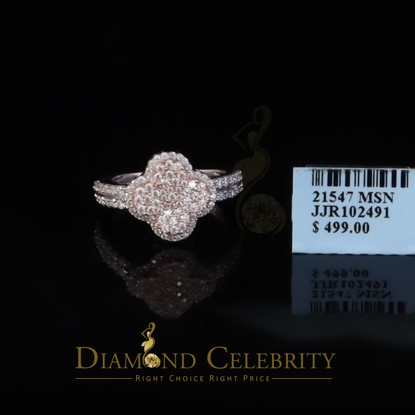 DiamondCelebritees 1.66ct VVS D Clr Clover Silver White Rose For Women's 925 Moissanite Ring Size7