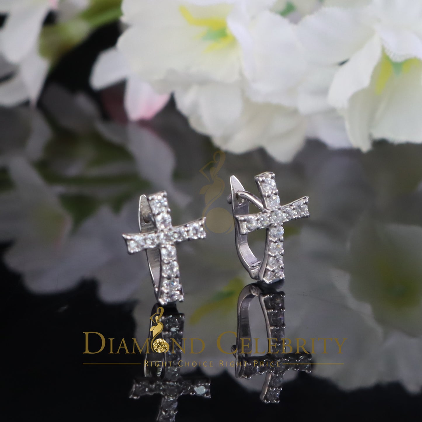 DiamondCelebritees 925 Silver Round Shape White Hip Hop Cross Stud Earrings 22 CZ Stones for Womens