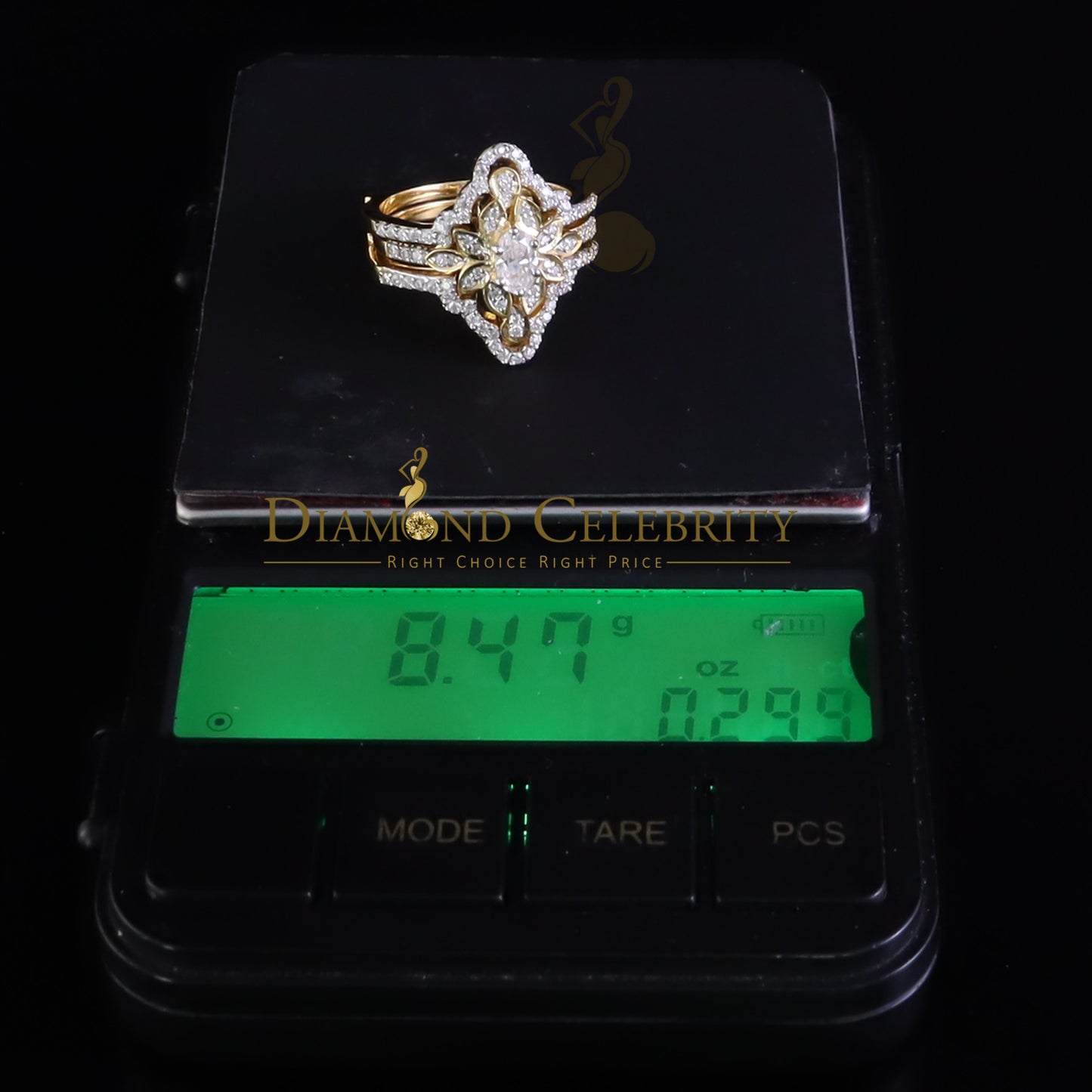 DiamondCelebritees 2.00ct VVS D Moissanite Fancy Ring W/ Guard in SZ 7 Yellow 925 Silver for Women