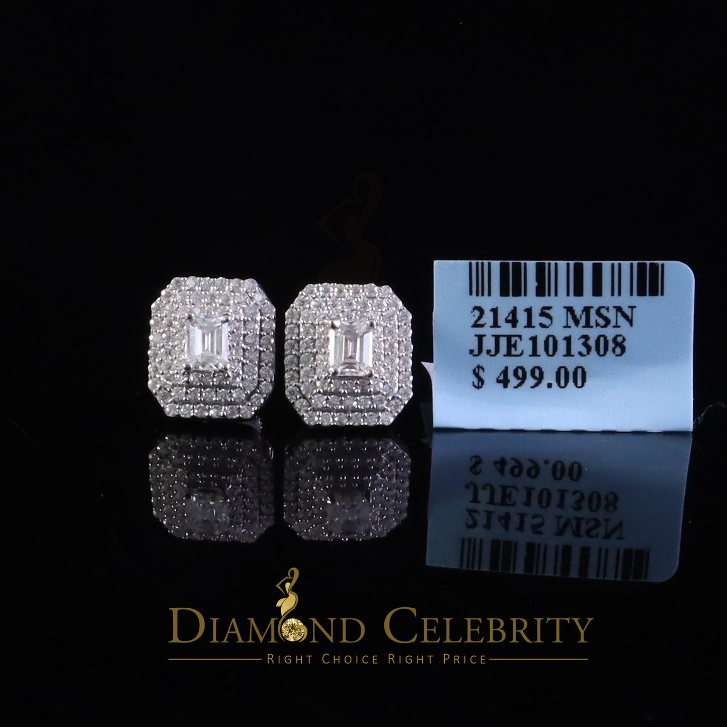 Diamondcelebritees Unisex 1.10ct VVS 'D' Emerald Cut Moissanite 925 Silver White Octagonal Earrings