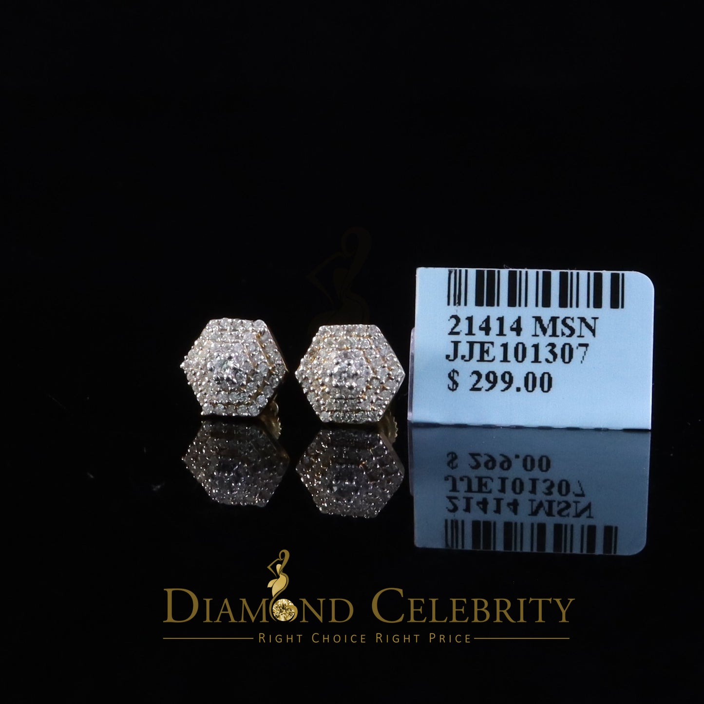 DiamondCelebritees Hexagonal Stud Earrings 0.50ct VVS 'D' Moissanite 925 Yellow Silver Men's/Womens