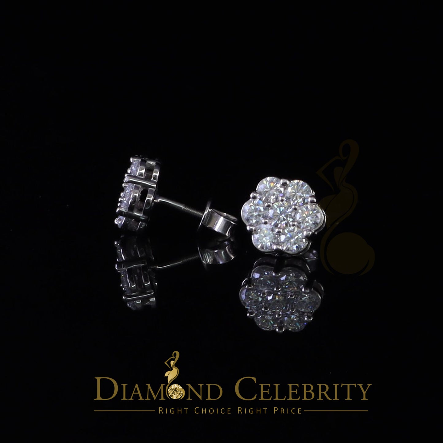 DiamondCelebritees Real Moissanite VVS 'D' Color 2.25 ct 10k Real White Gold Stud FLORAL Earrings