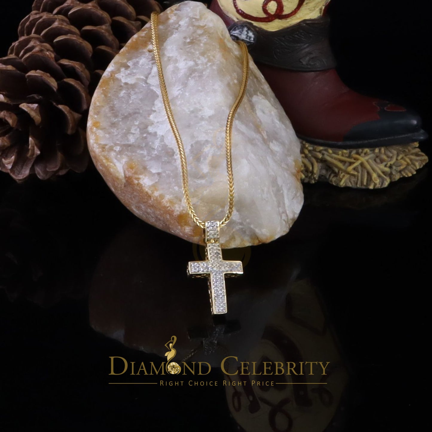 DiamondCelebritees Real 0.33ct Diamond 925 Yellow Sterling Silver CROSS Charm Necklace Pendant