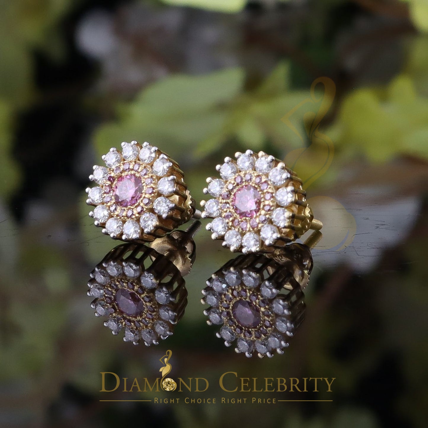 DiamondCelebritees 925 Silver Yellow 1.00ct VVS D Pink Moissanite Round Men's/Women's Stud Earrings