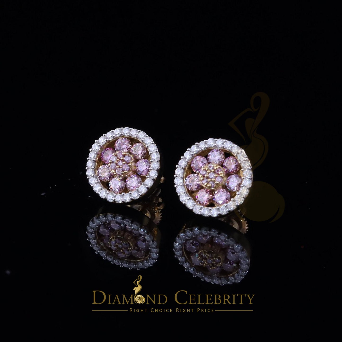 DiamondCelebritees Women's 925 Silver Yellow 1.50ct VVS 'D' Pink Moissanite Round Stud Earrings