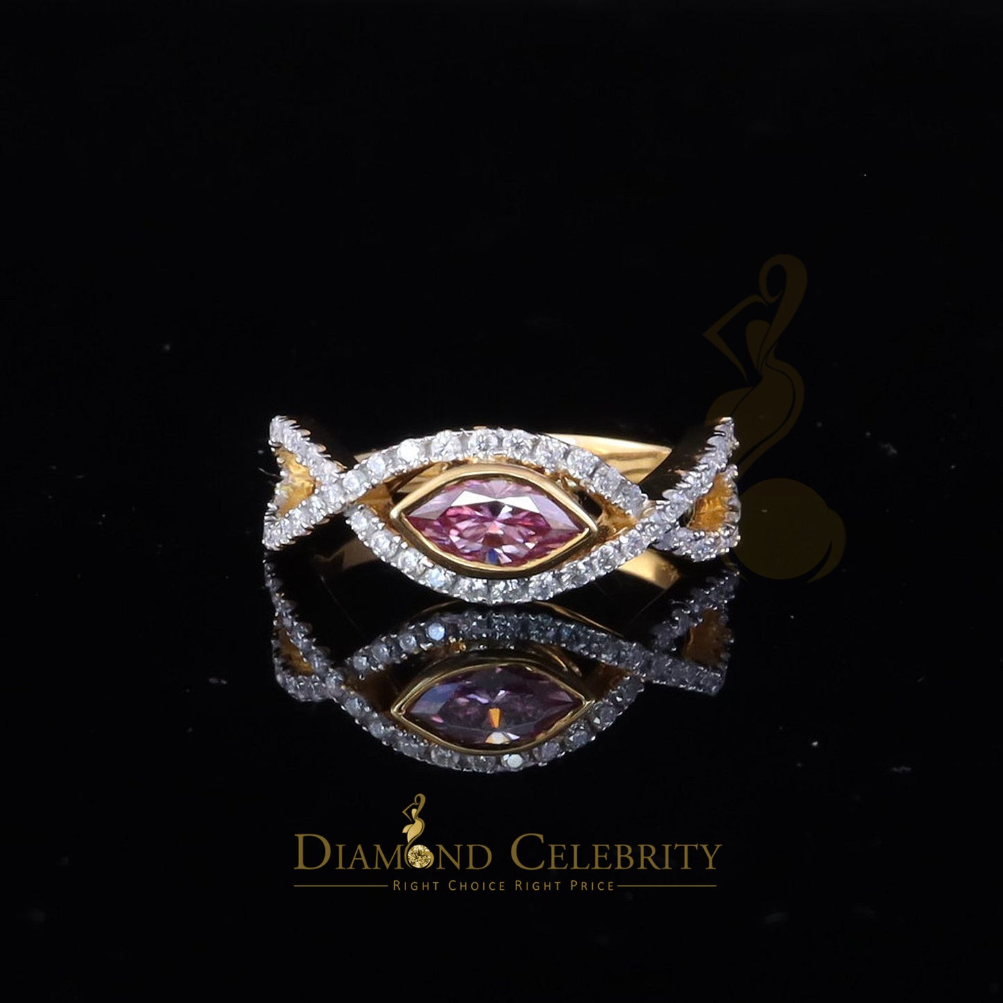 DiamondCelebritees 1.25CT Womens infinity 925 Silver Yellow VVS D PINK Marquis Moissanite Ring SZ8