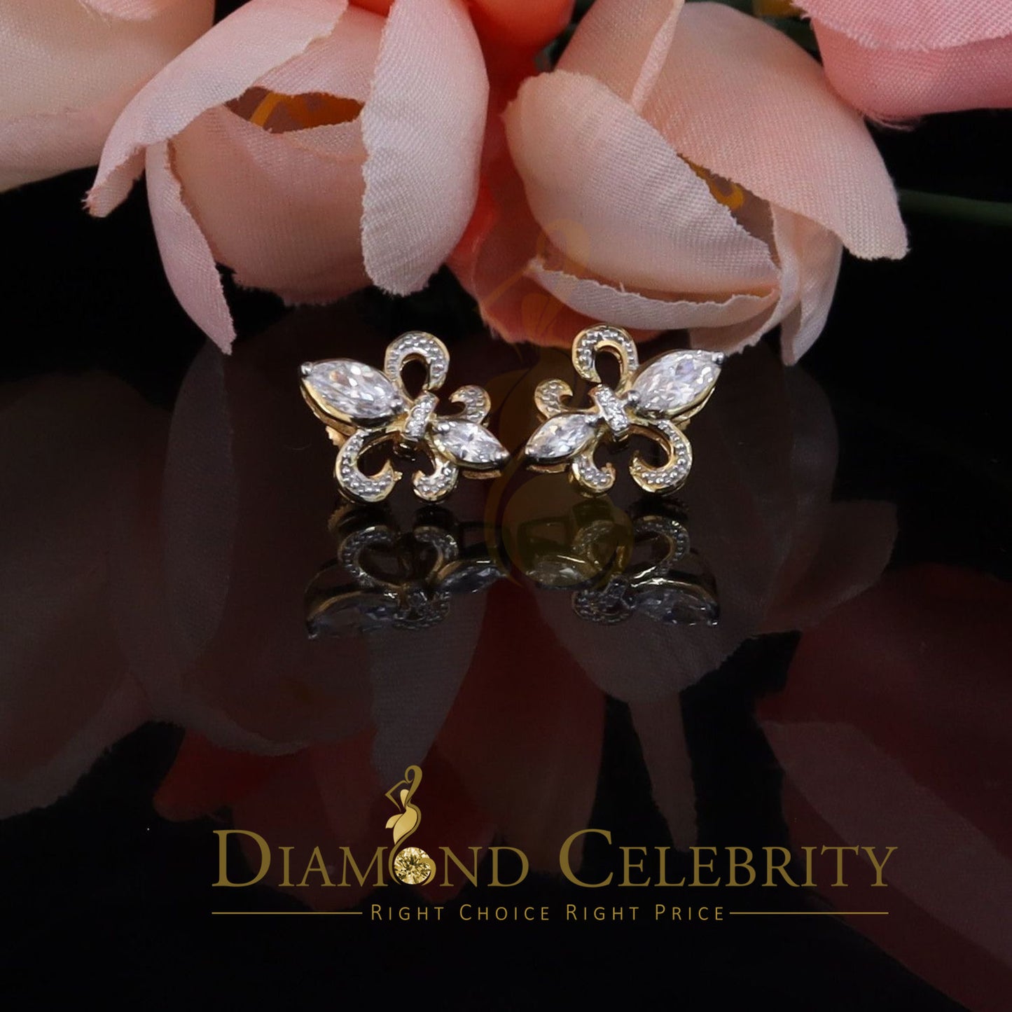 DiamondCelebritees 925 Yellow Silver Ladies Fleur de Lis Screw Back 2.43ct Cubic Zirconia Earrings