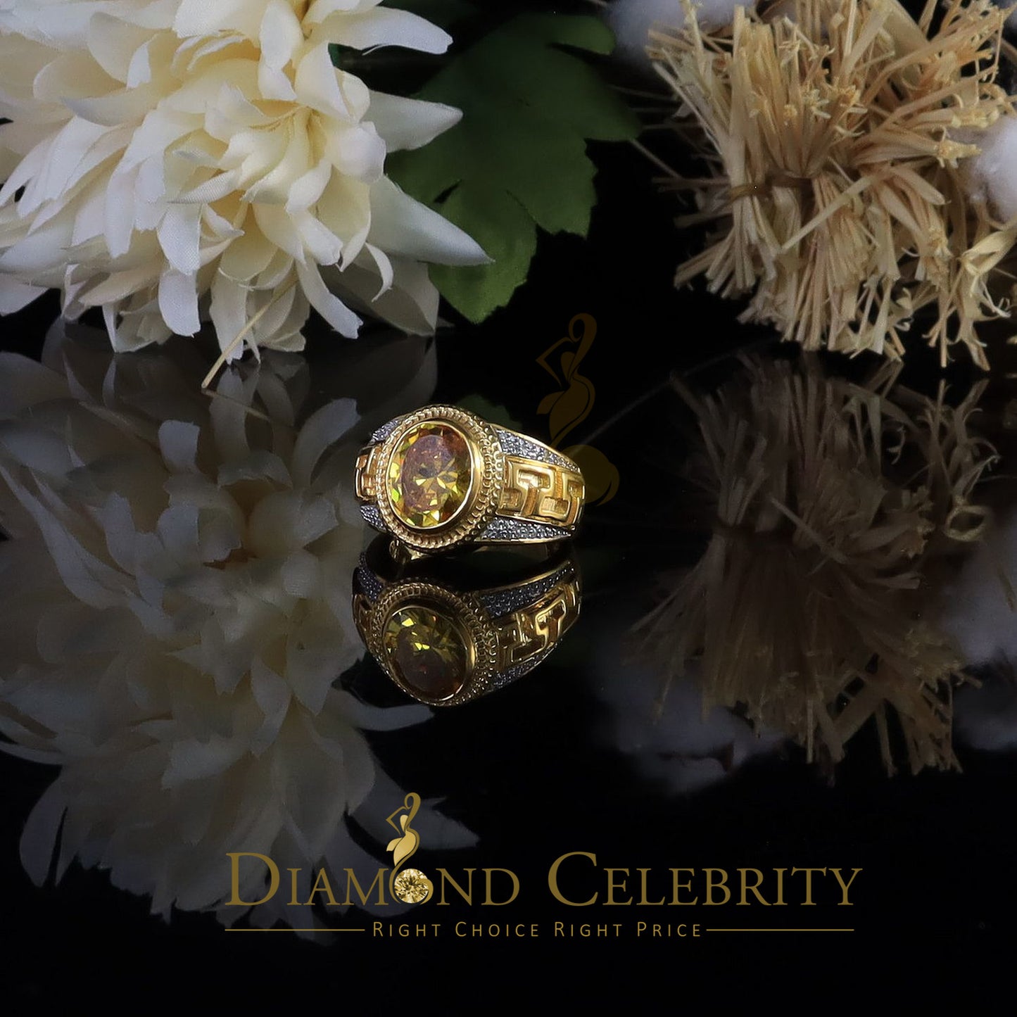 DiamondCelebritees 8.10ct Yellow Silver Oval Cubic Zirconia Men Adjustable Ring From SZ 9 to 11