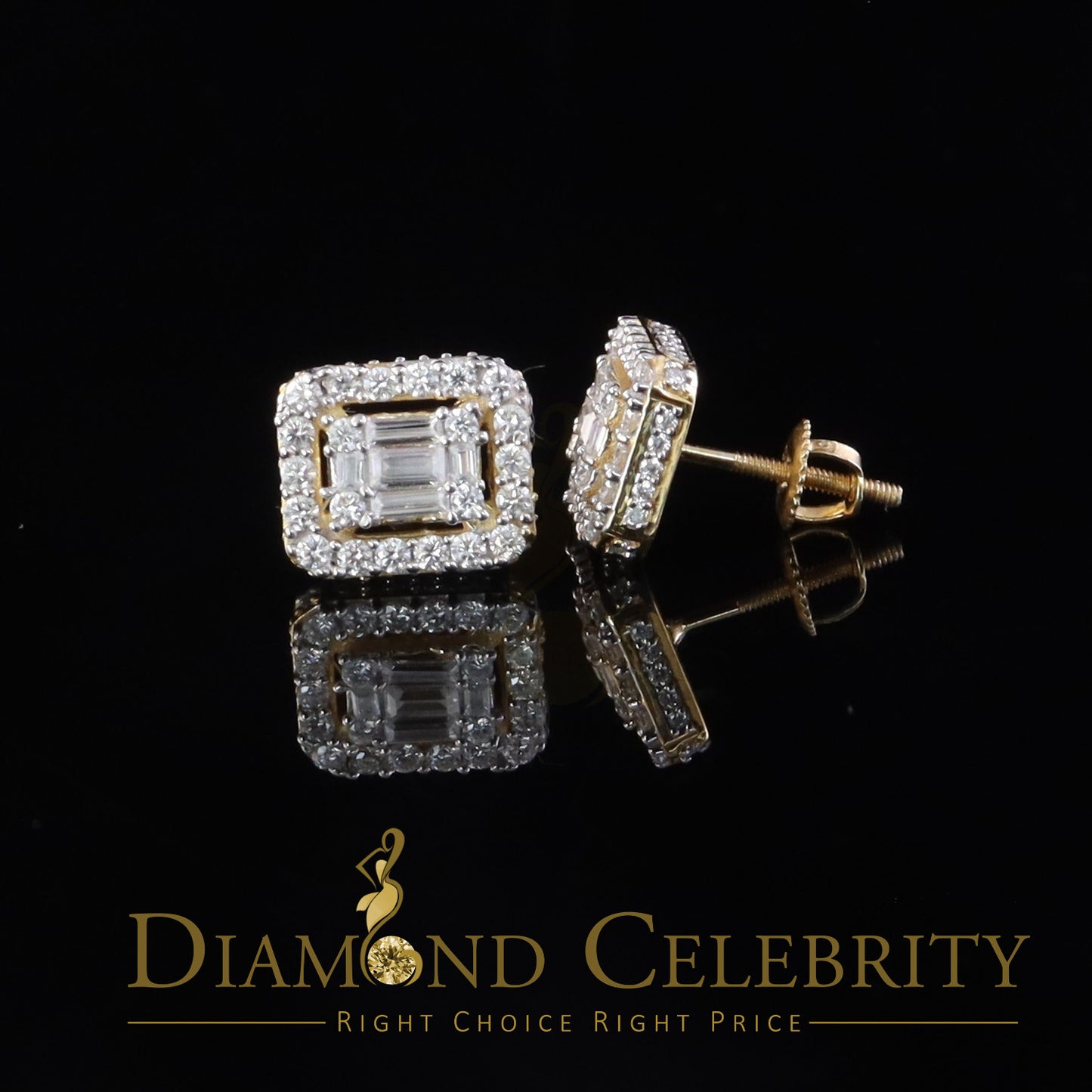 DiamondCelebritees 925 Yellow Silver 1.25ct VVS 'D' Moissanite Square Stud Earring Men's/Womens