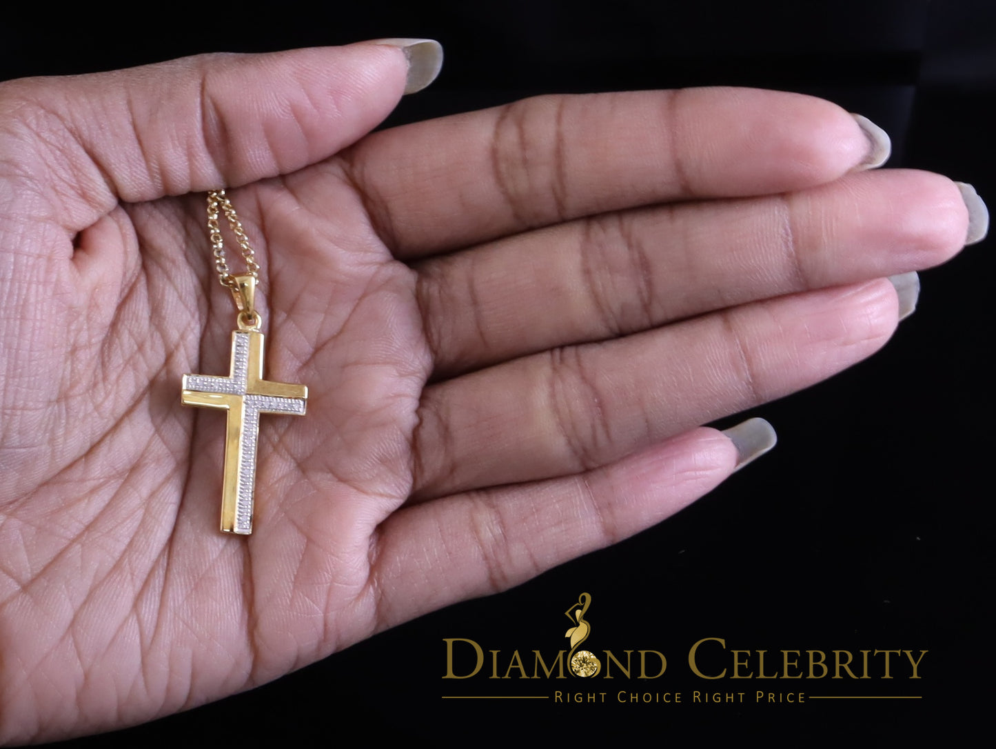 DiamondCelebritees Elegant Sleek Real 0.10ct Diamond 925 Silver CROSS with Necklace Yellow Pendant
