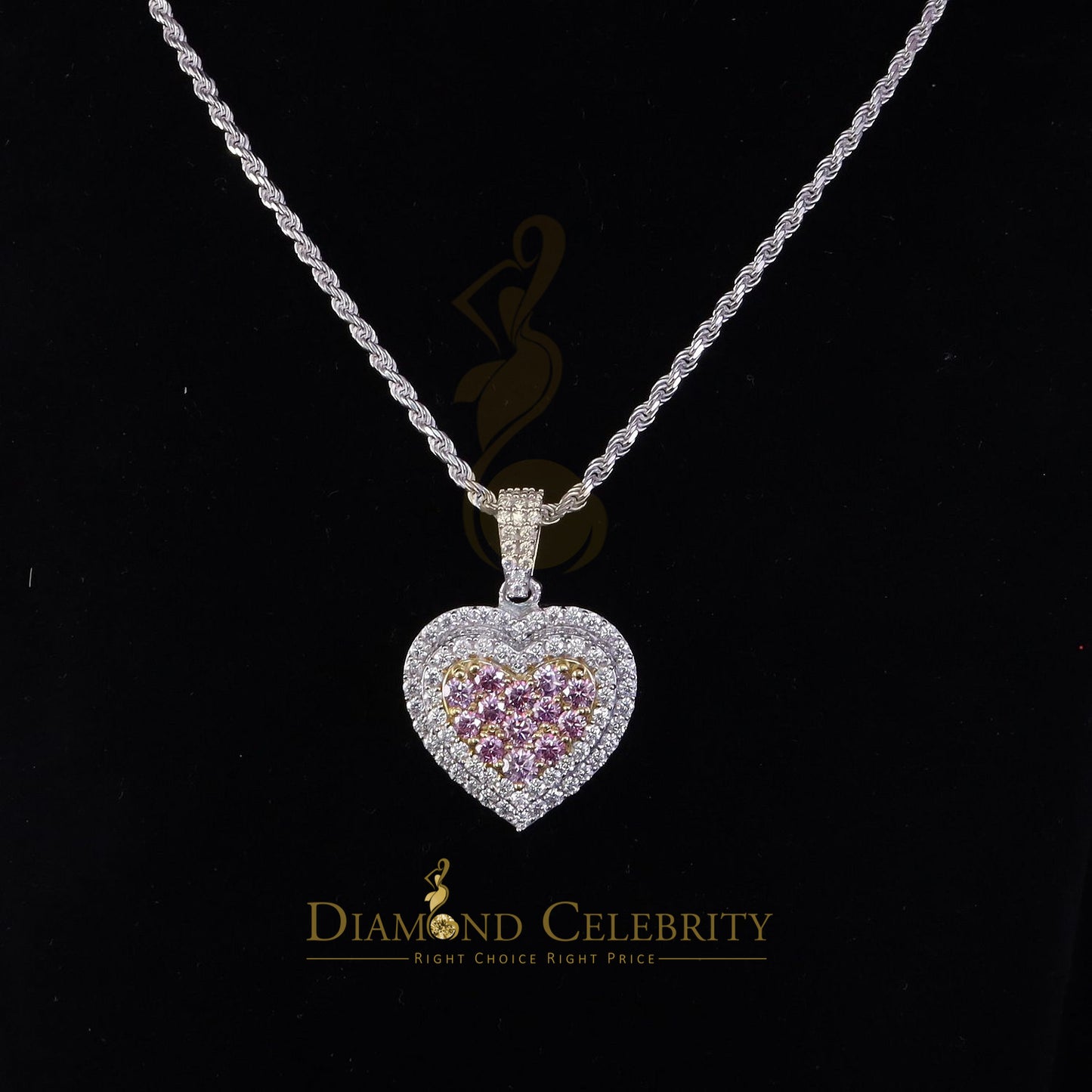 DiamondCelebritees 925 Silver White Women's 11.00 ct VVS'D' Pink Moissanite 3D Double Heart Pendant