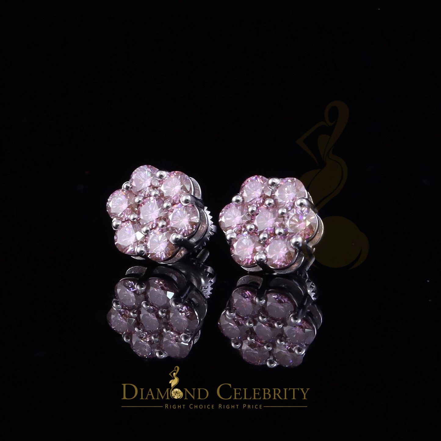 Diamondcelebritees Men's/Women's 925 Silver White 2.25ct VVS D Pink Moissanite Floral Stud Earrings