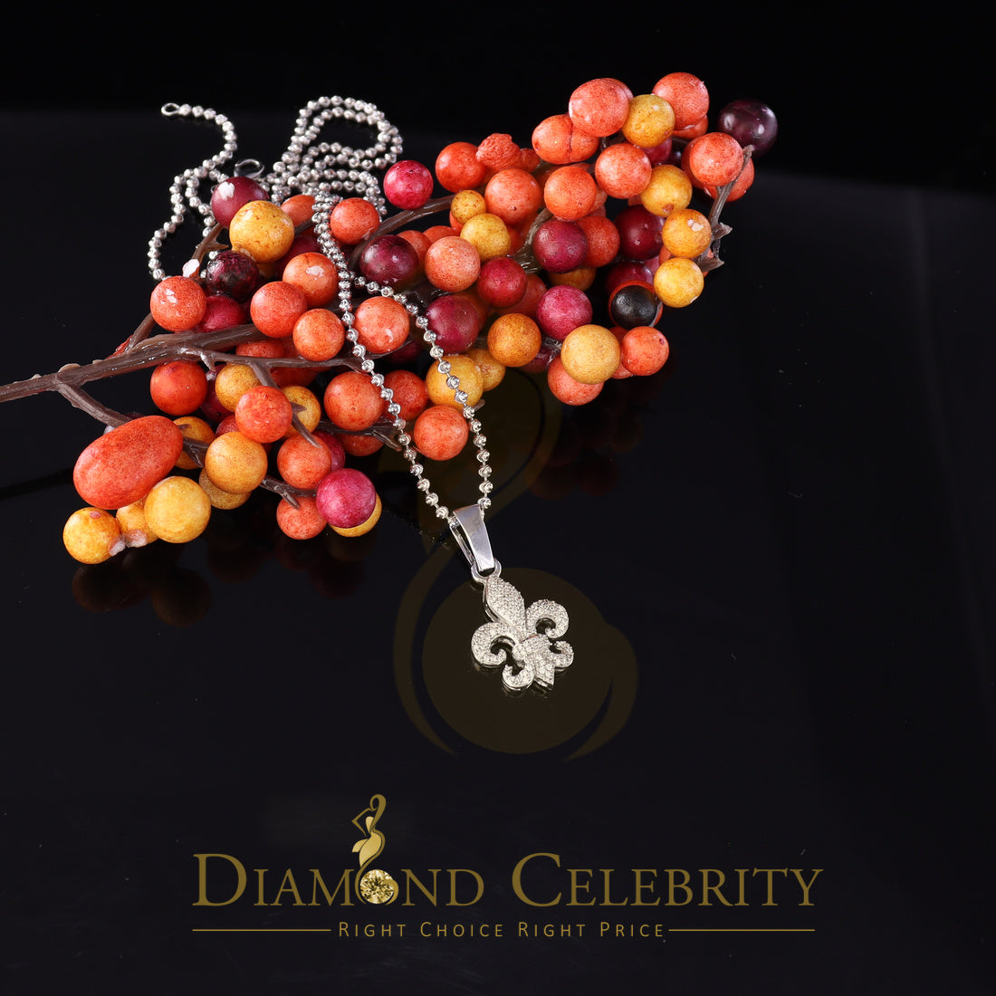 DiamondCelebritees White Fleur de Lis Shape Sterling Silver Pendant with 0.88ct Cubic Zirconia